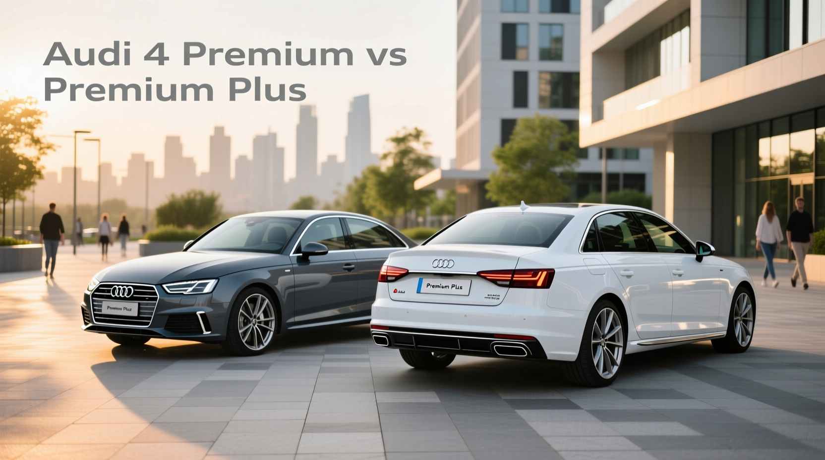Side-by-side comparison of Audi A4 Premium and Premium Plus models showing wheel and mirror differences