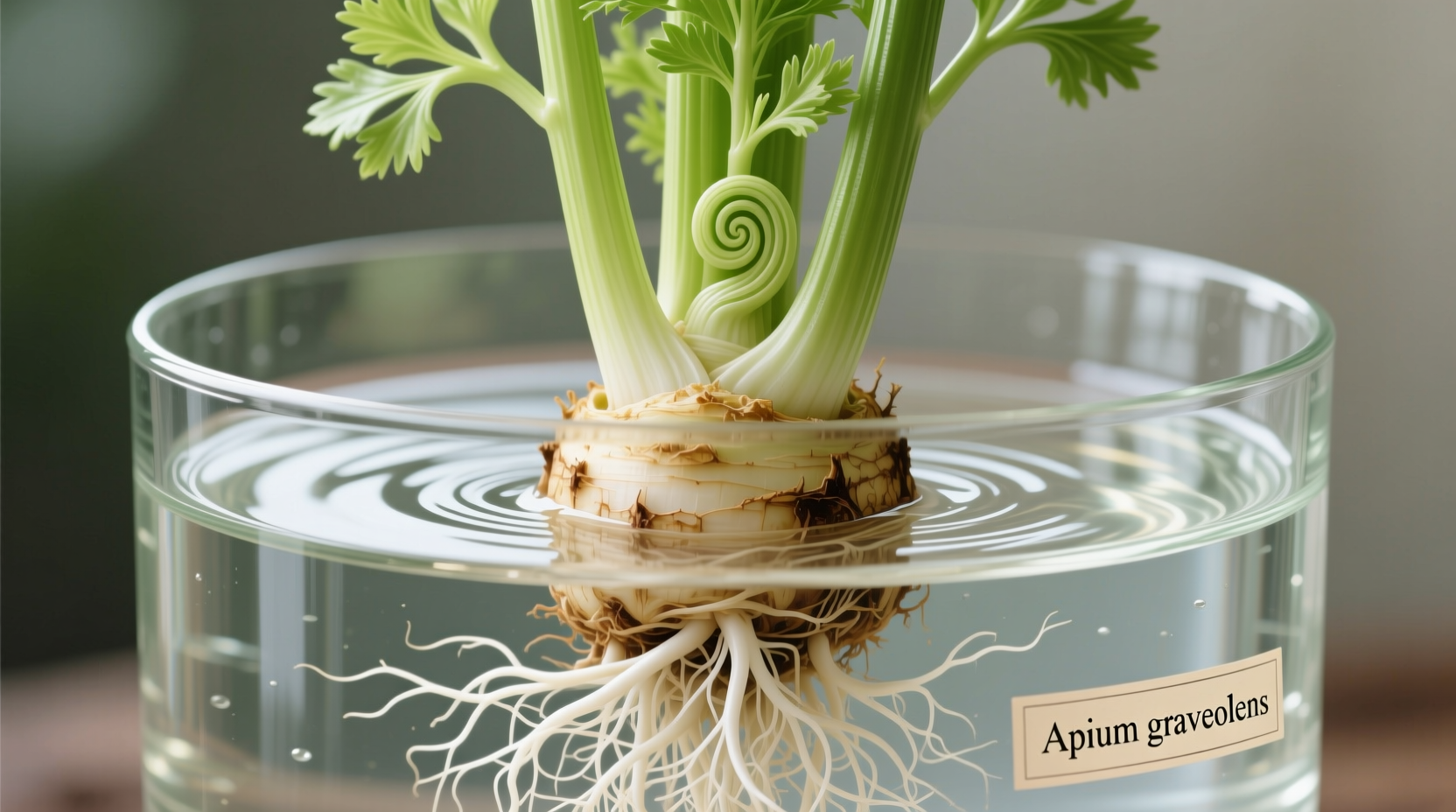 Celery base regrowing in water container