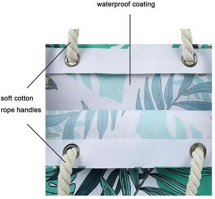 Borsa da spiaggia estiva in tela di cotone personalizzata borsa da spiaggia elegante con stampa a foglie con manici in corda di cotone