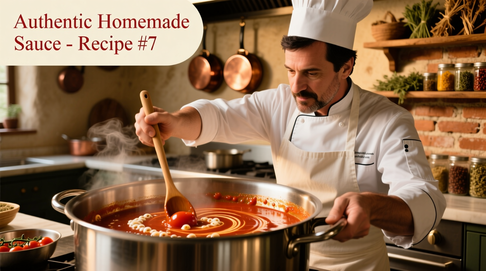 Chef stirring tomato sauce in stainless steel pot
