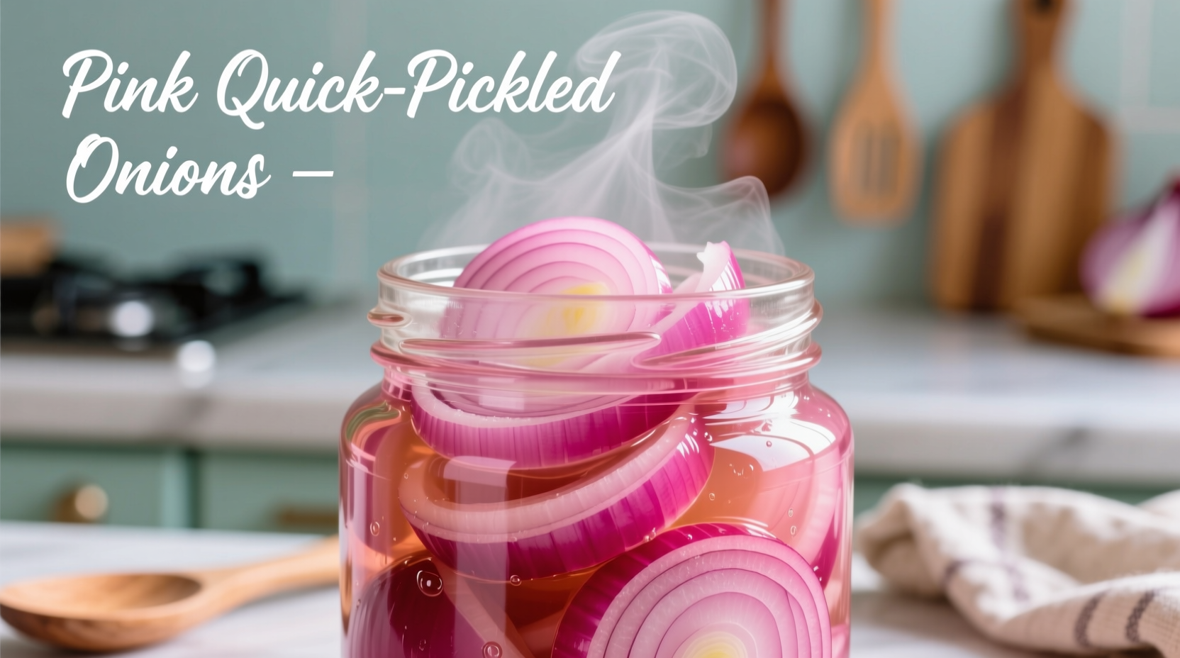 Vibrant pink quick pickled onions in glass jar