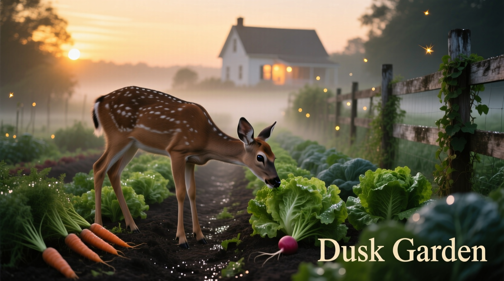 Deer browsing in vegetable garden at dusk