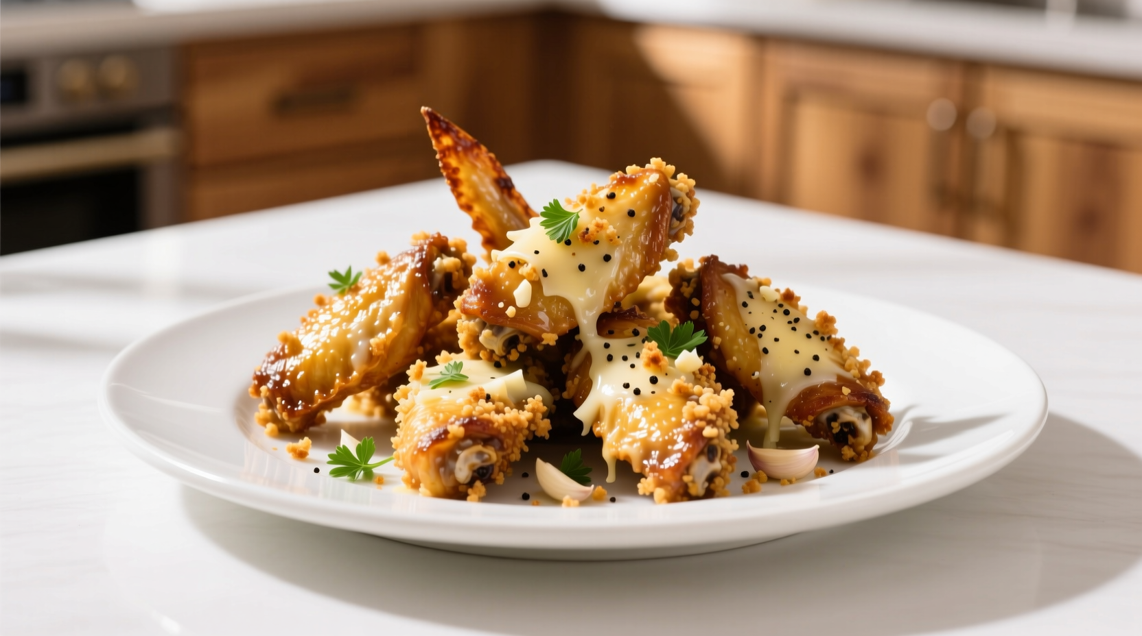 Golden garlic parmesan wings on white plate