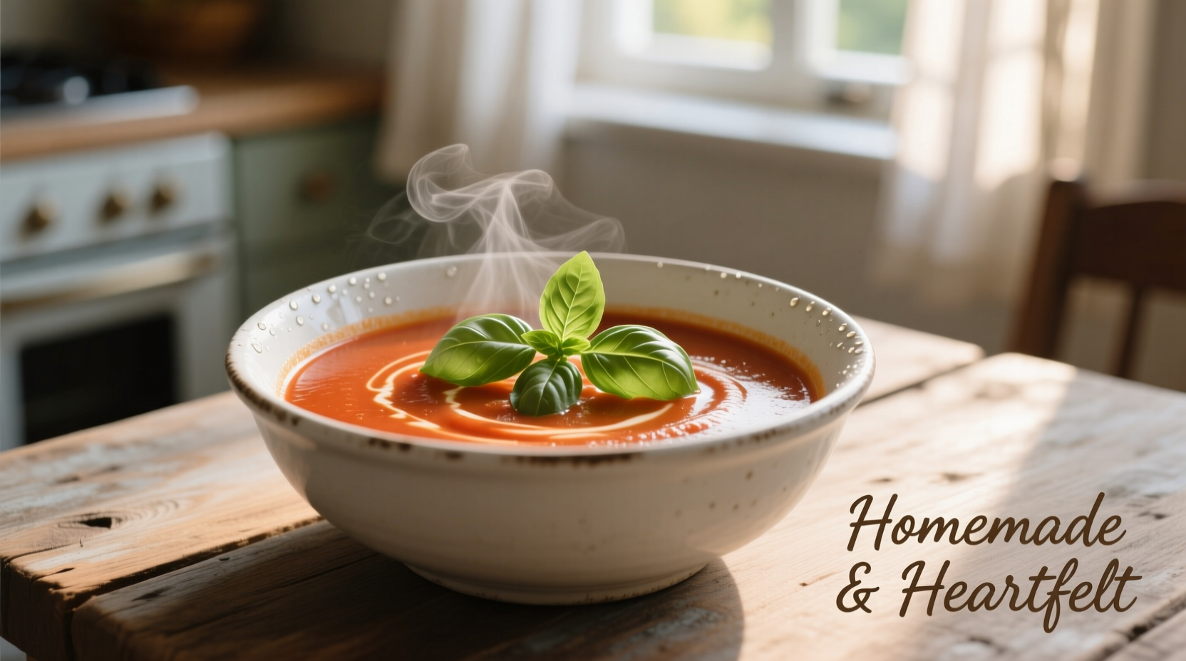 Homemade tomato soup in white bowl with fresh basil garnish