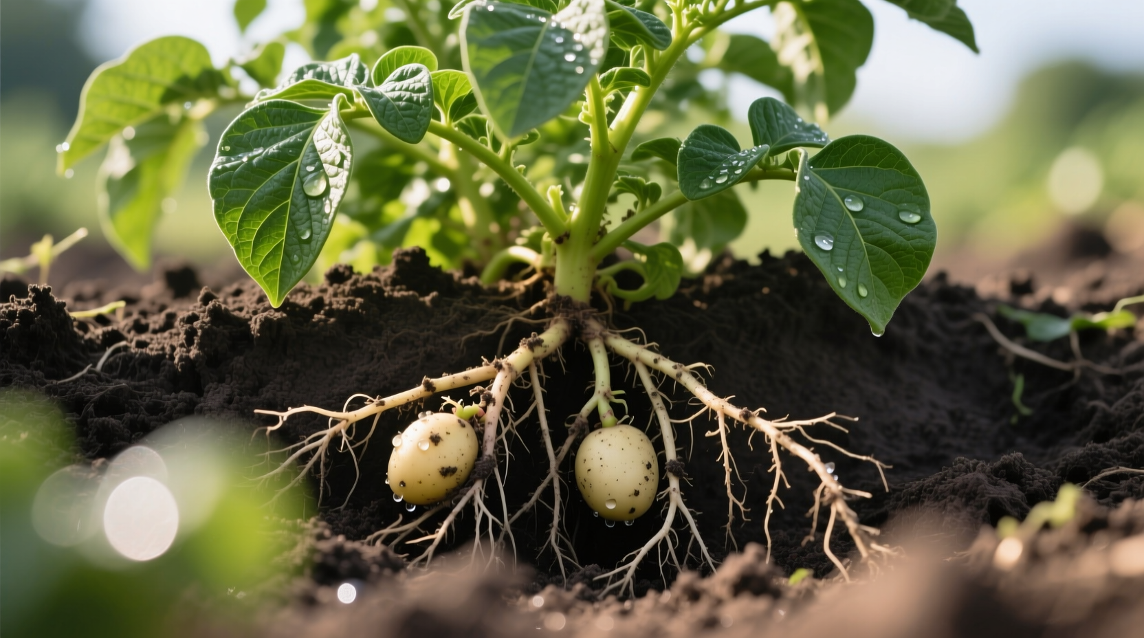 Potato plant showing tubers growing underground