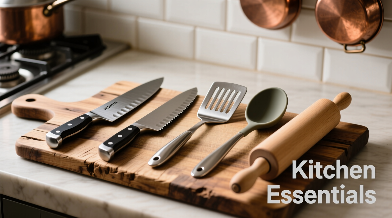 Essential cooking tools on wooden cutting board