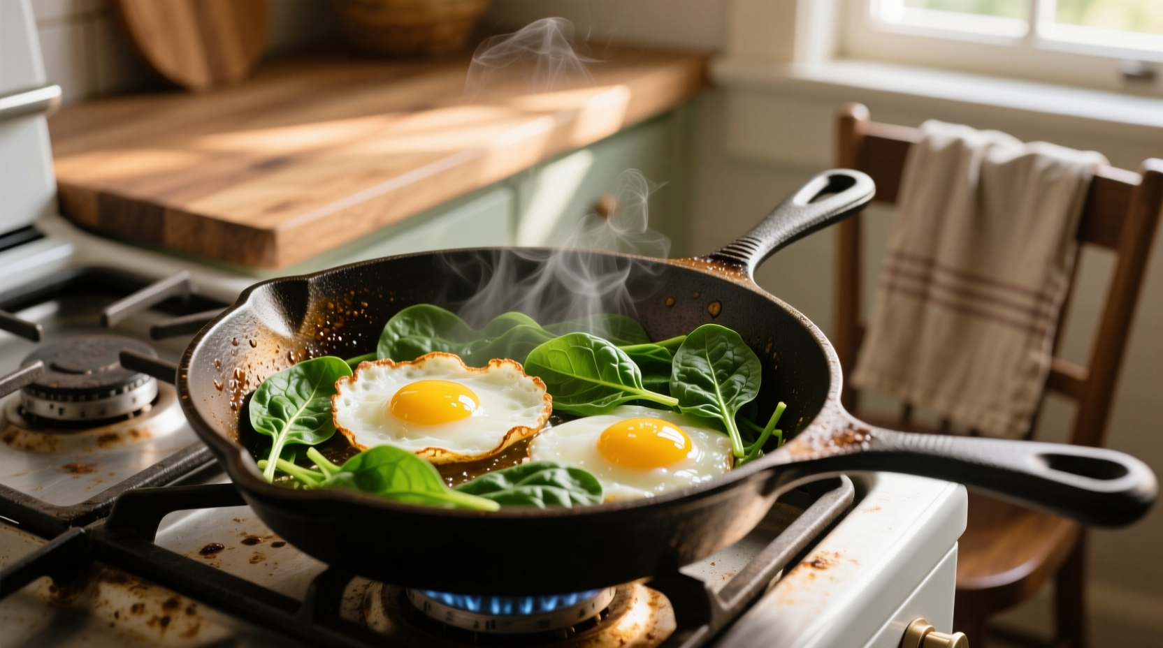 Fresh spinach and eggs in cast iron skillet
