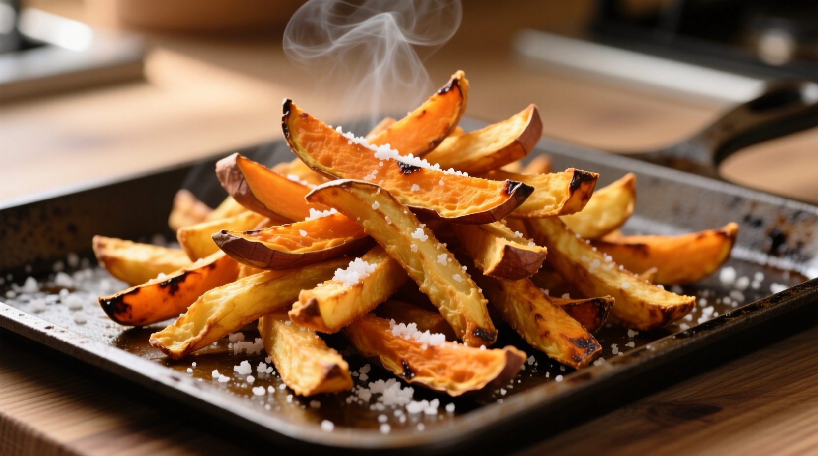 Golden crispy sweet potato fries on baking sheet