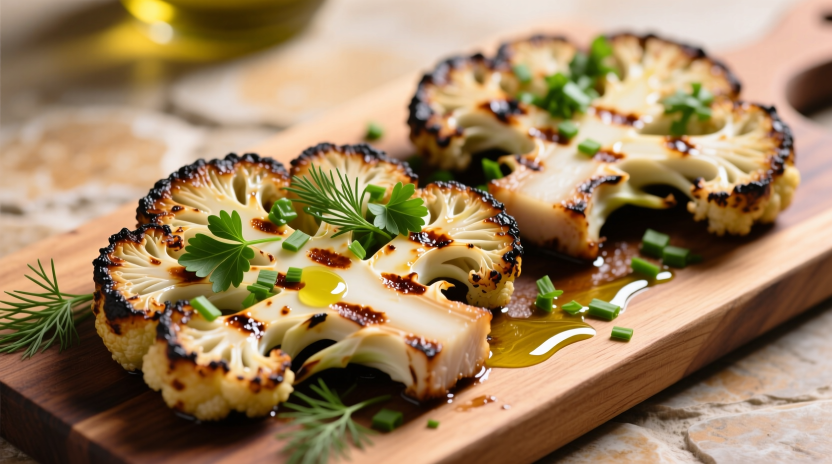 Grilled cauliflower steaks with herb garnish