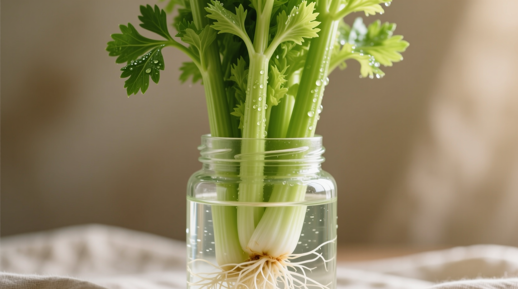 Fresh celery stalks in glass container with water
