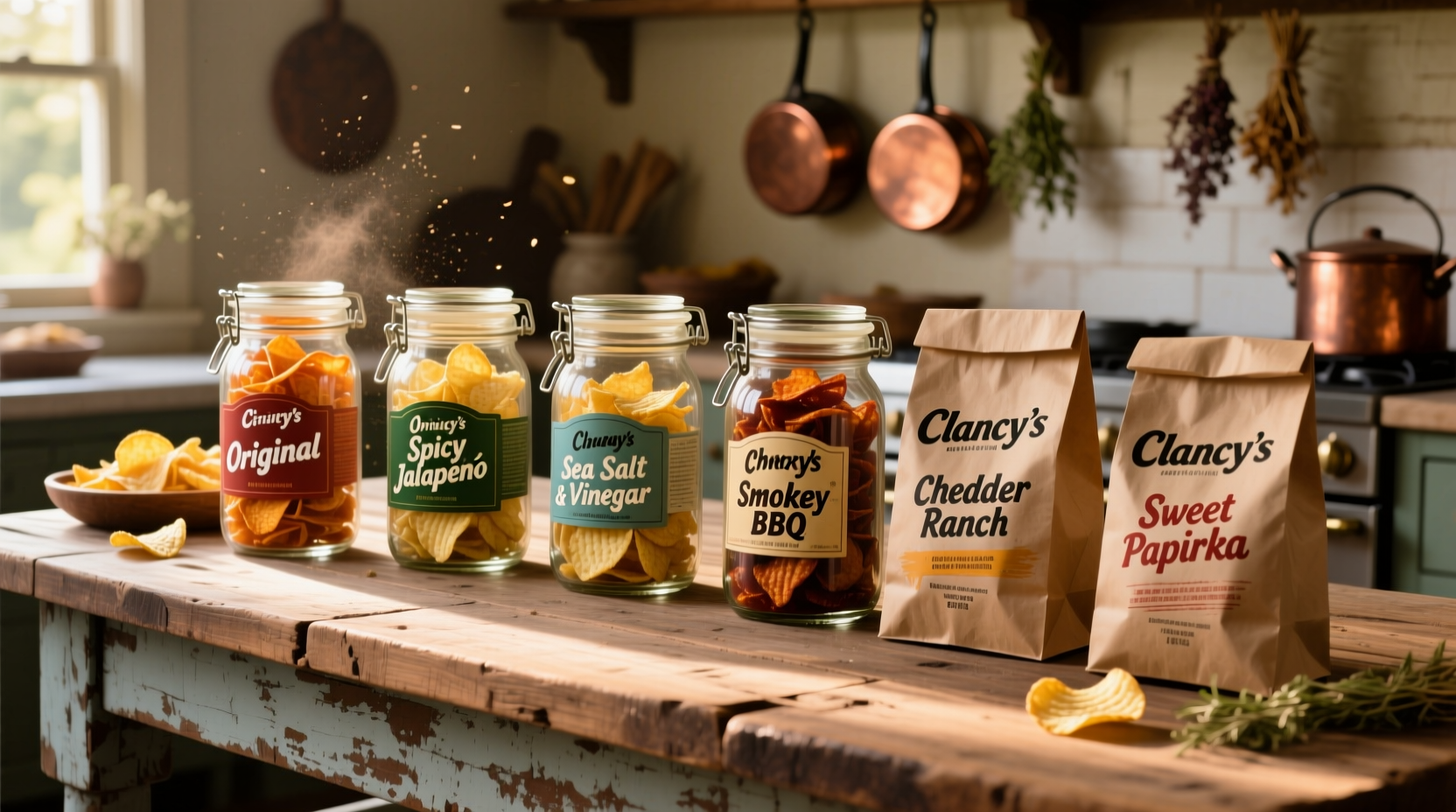 Clancy's potato chips varieties on wooden table