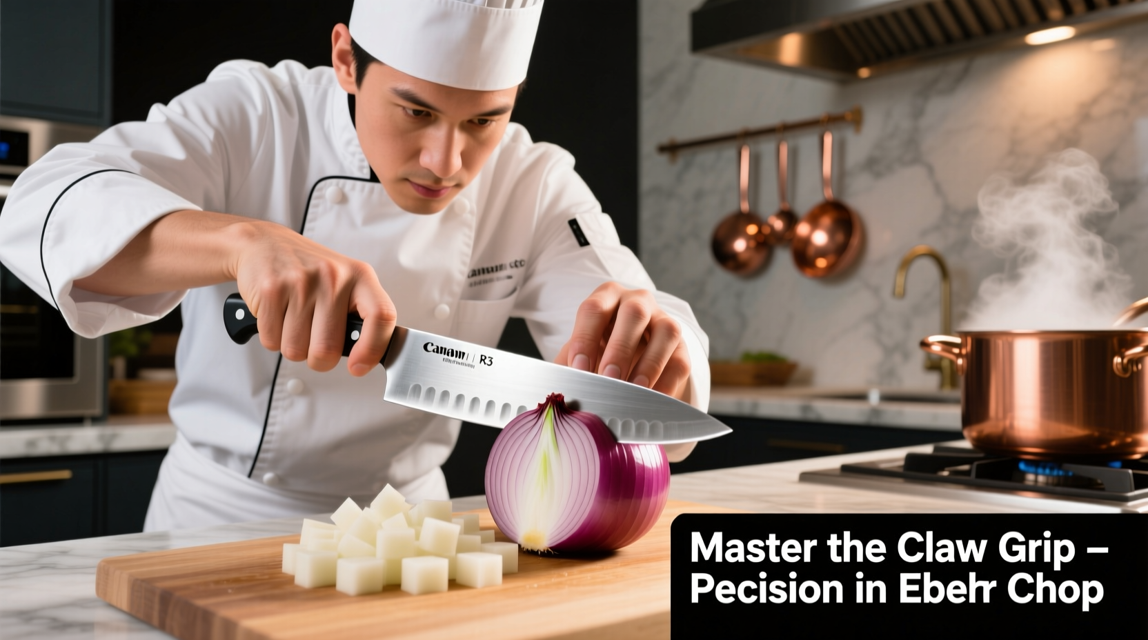 Professional chef demonstrating proper claw grip technique while dicing onion