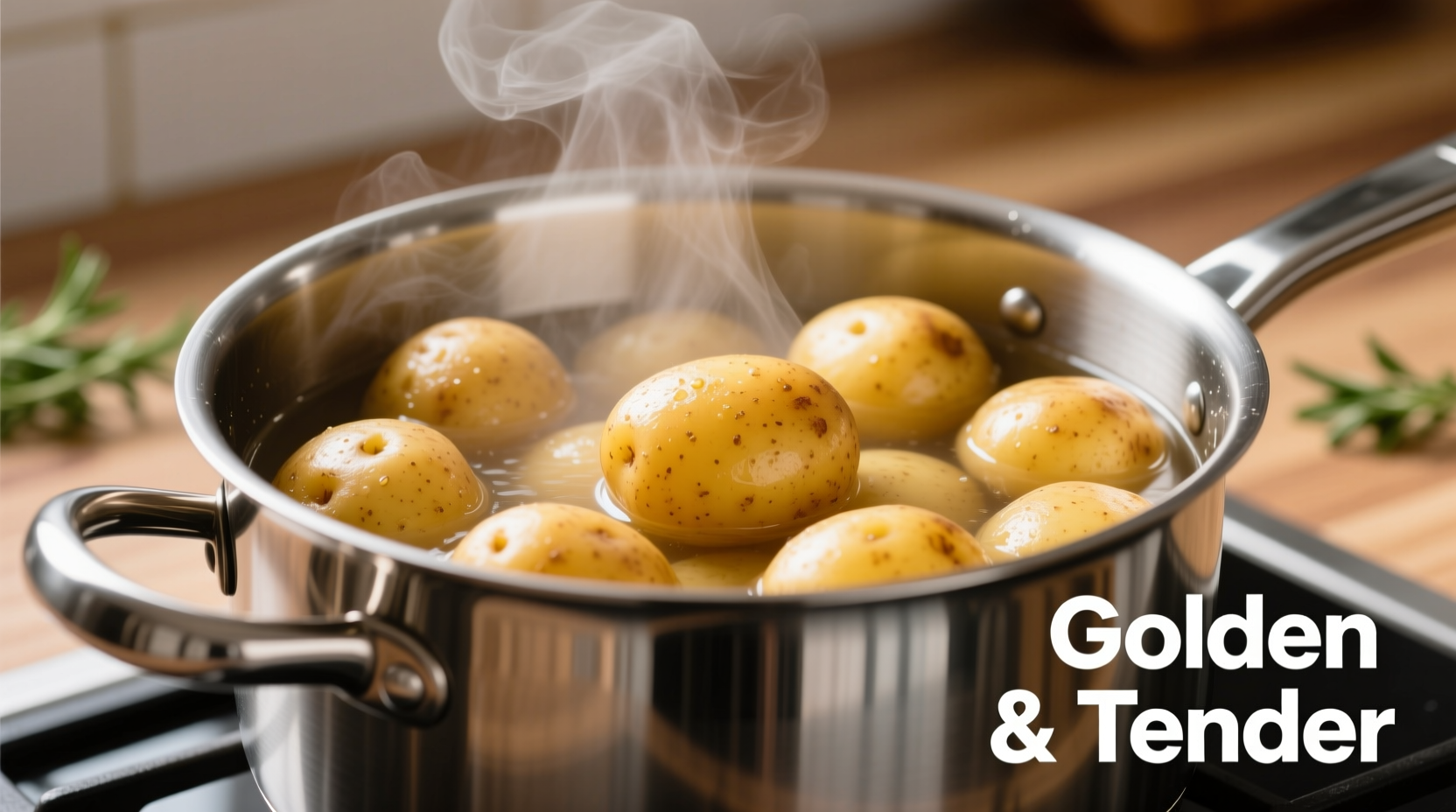 Perfectly boiled golden potatoes in stainless steel pot