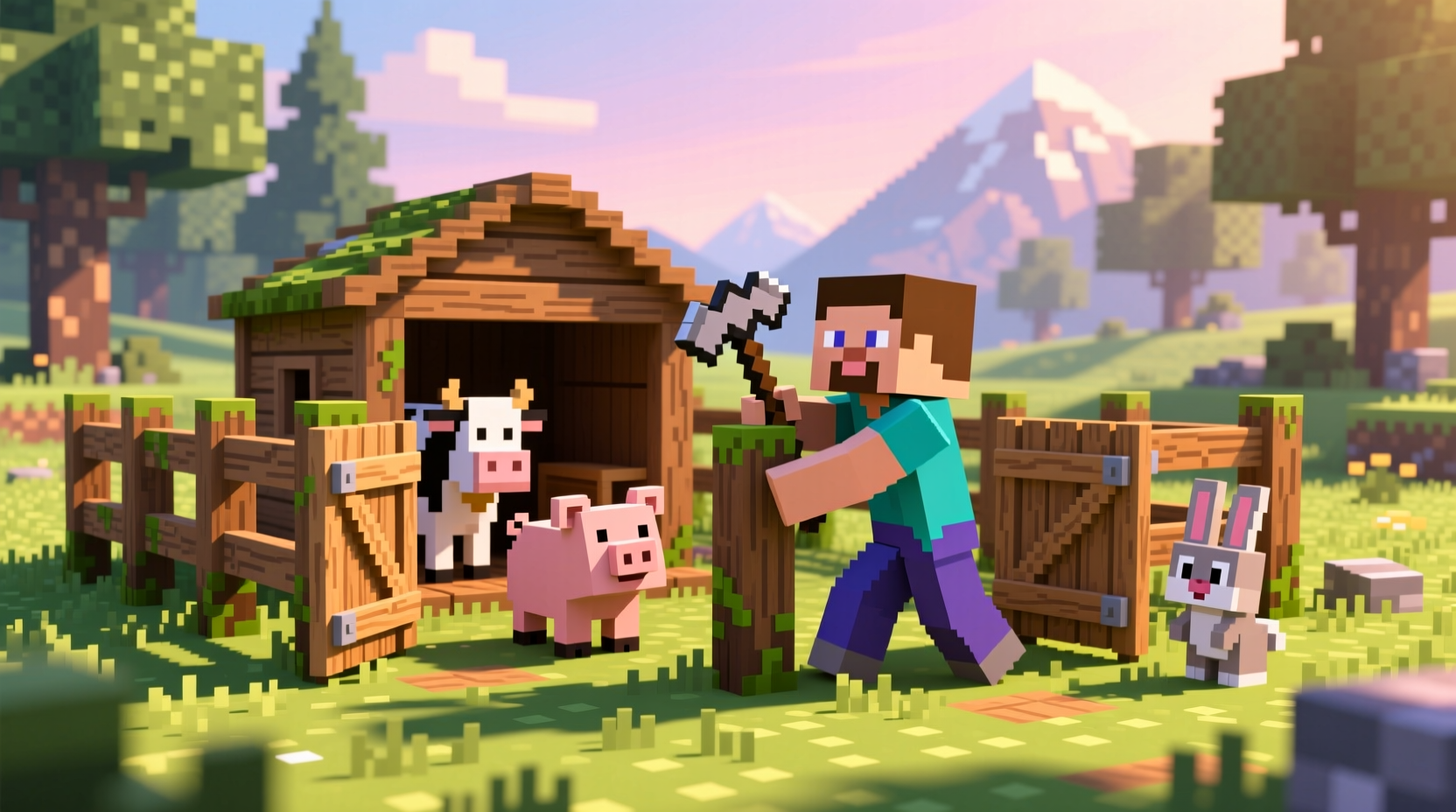 Minecraft player building fence enclosure with gates around animal pen