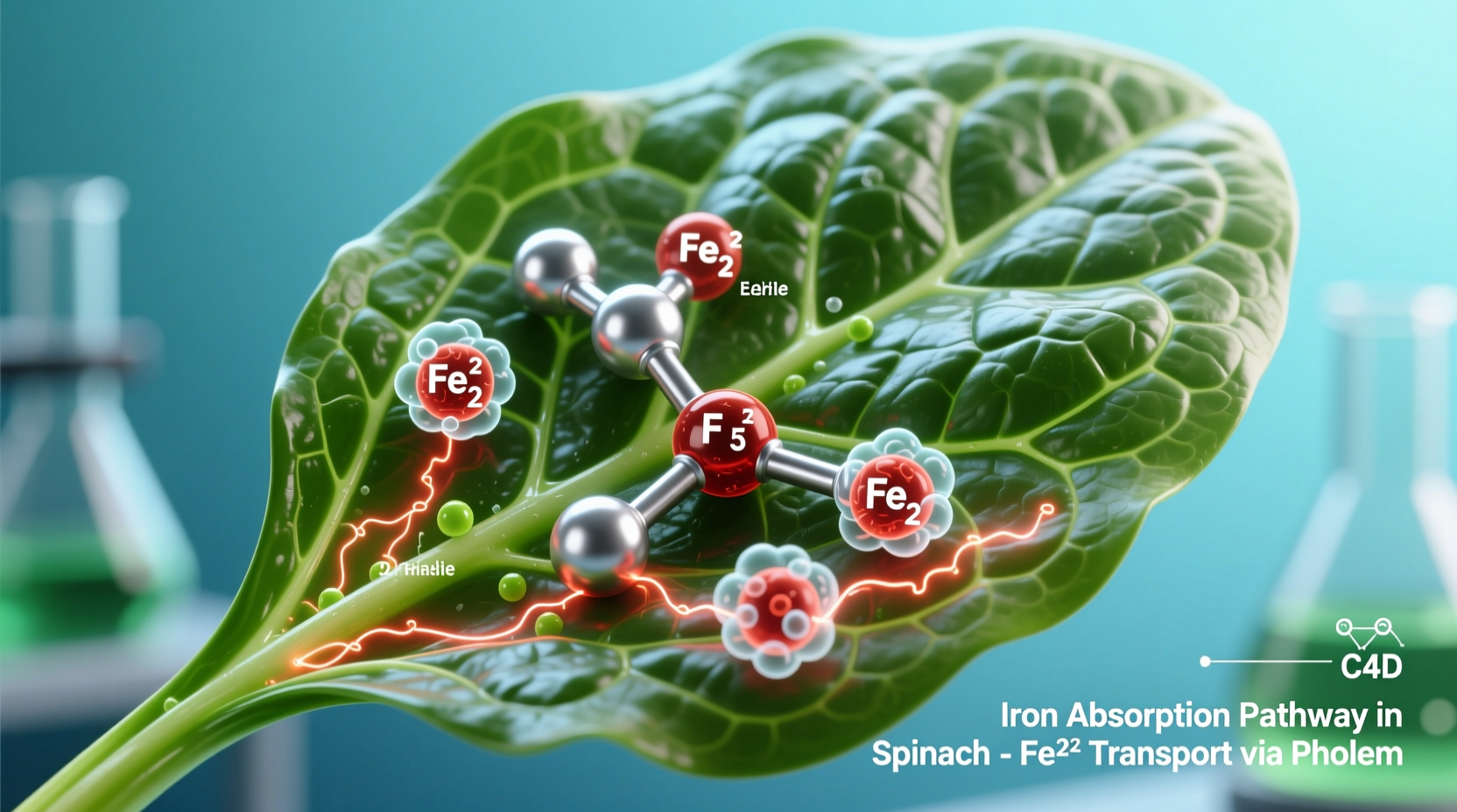 Spinach leaves with iron molecule visualization
