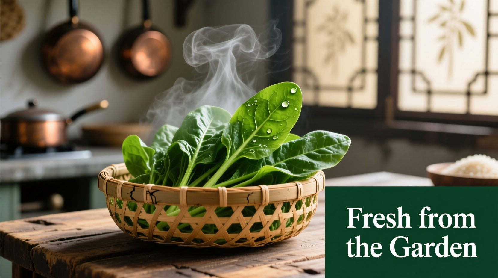 Fresh spinach steaming in bamboo basket