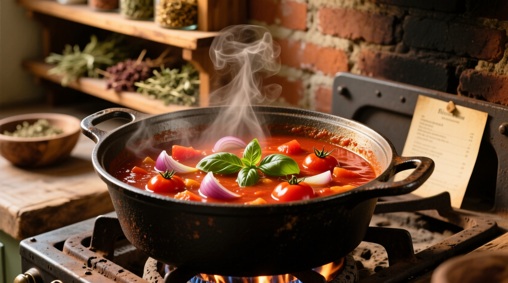 Fresh tomato stew simmering in cast iron pot