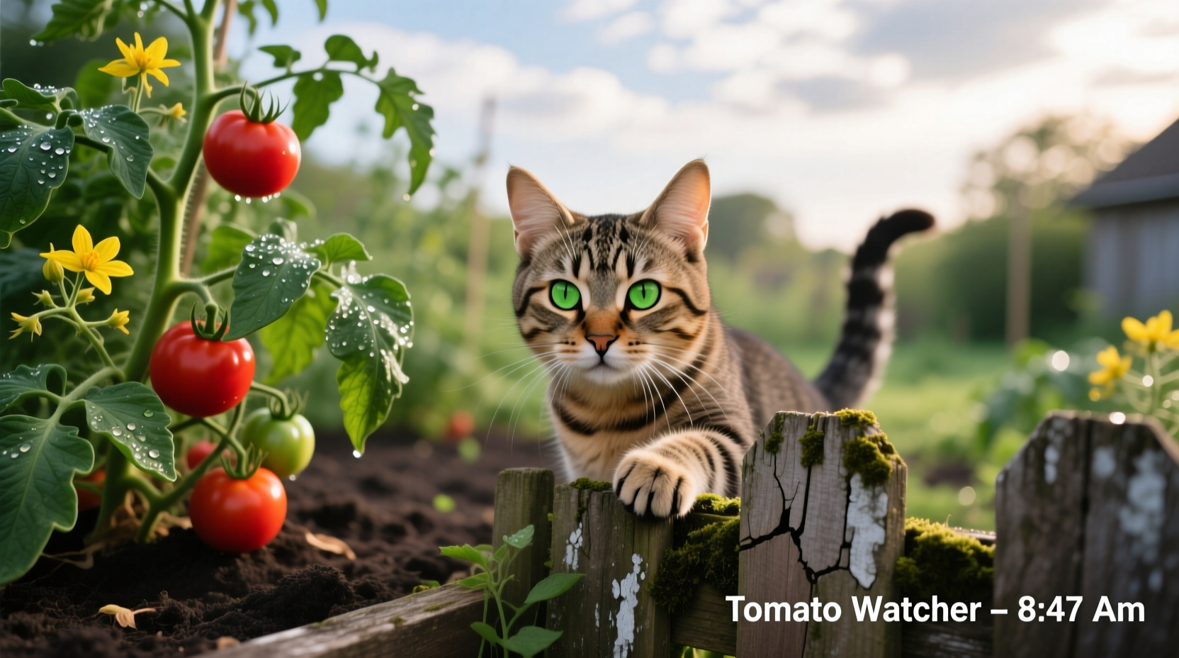 Cat safely observing tomato plants from behind garden fence