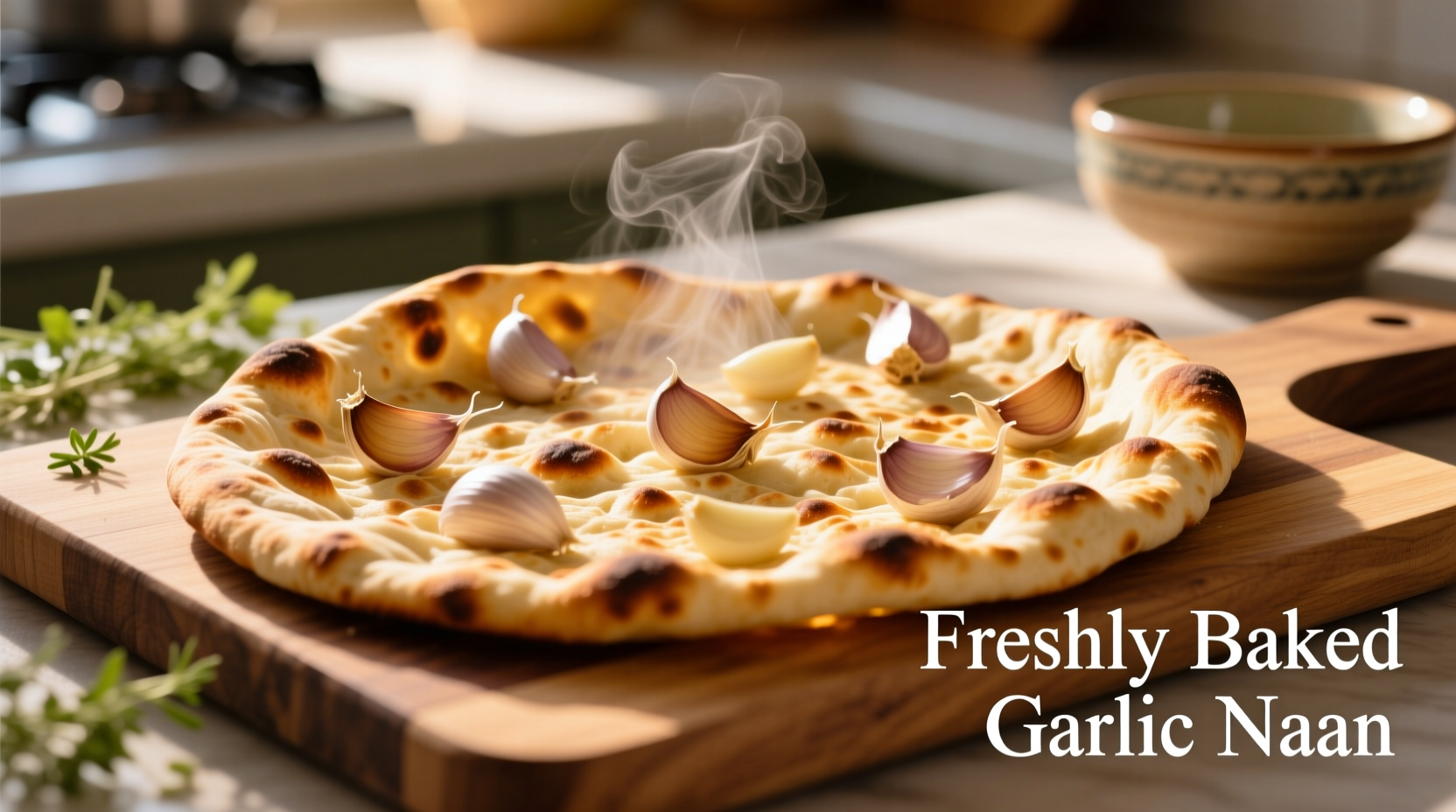Freshly baked garlic naan with visible garlic pieces