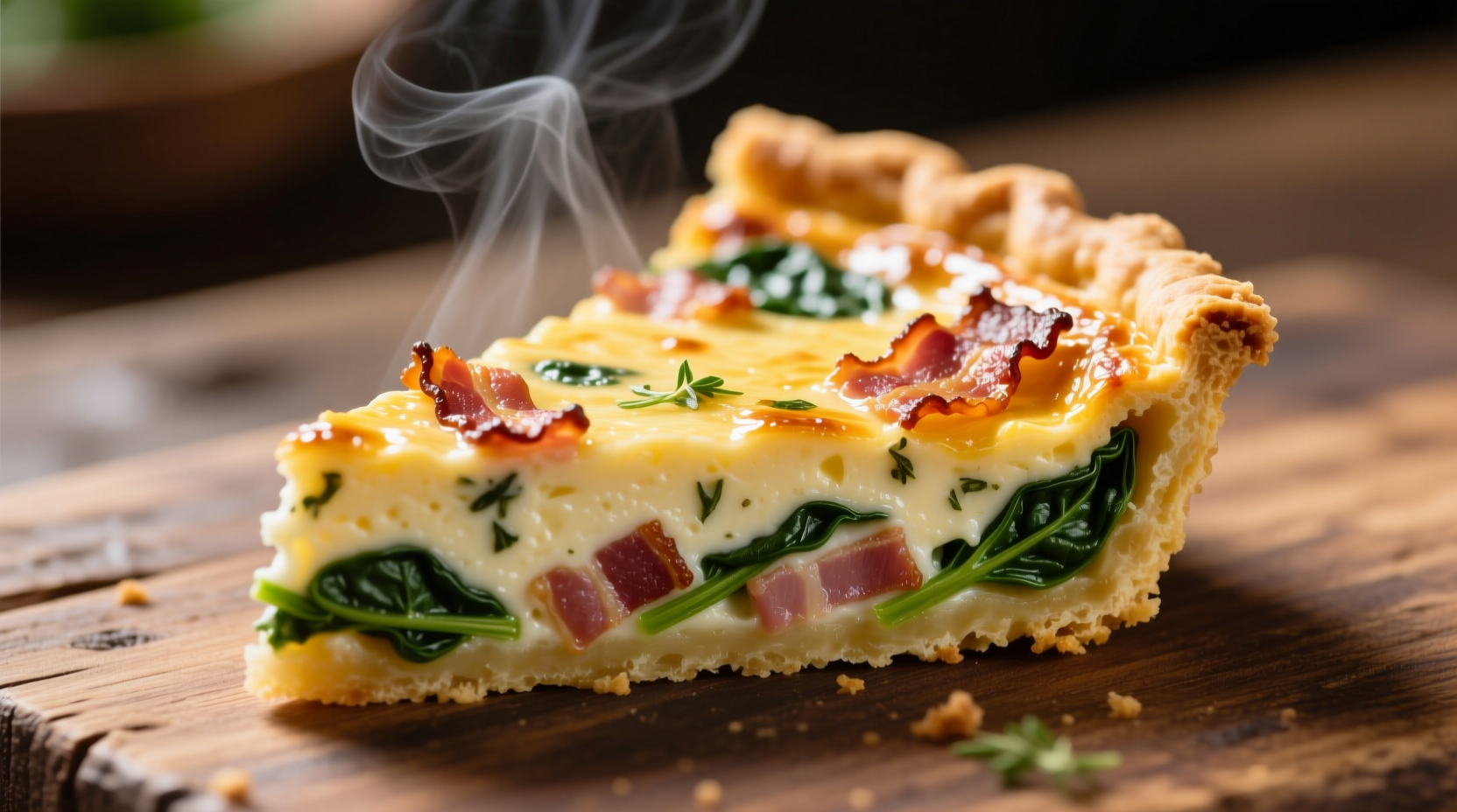 Perfectly golden spinach bacon quiche slice