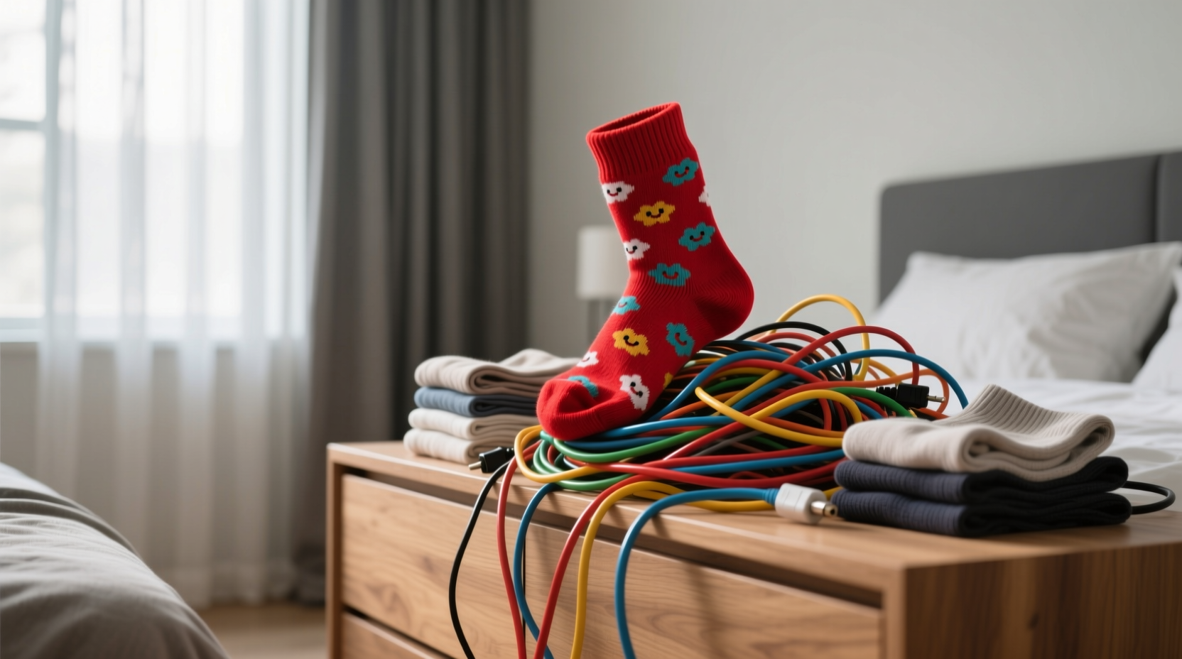 conquer your cable clutter with an extra sock