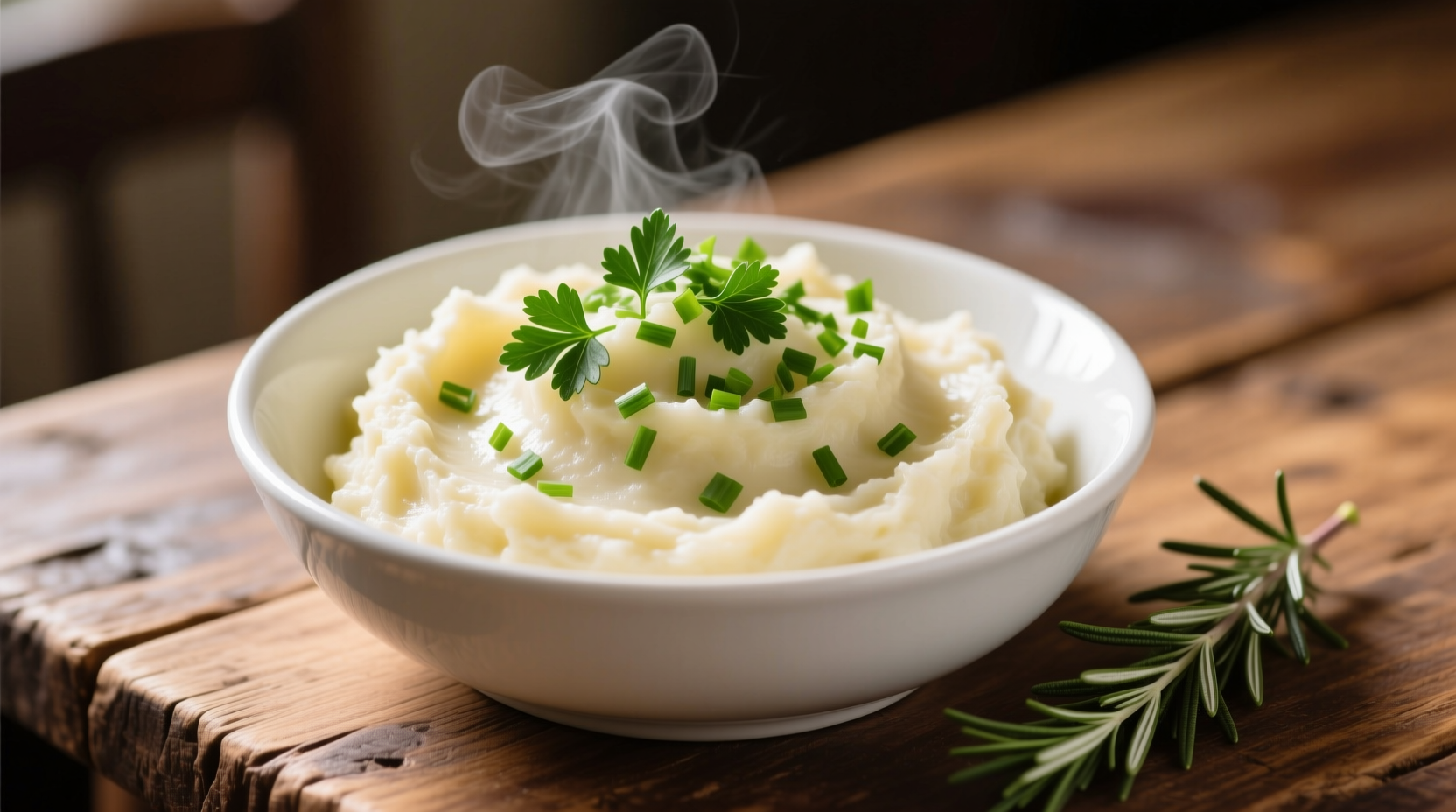 Creamy mashed potatoes in white bowl with herbs