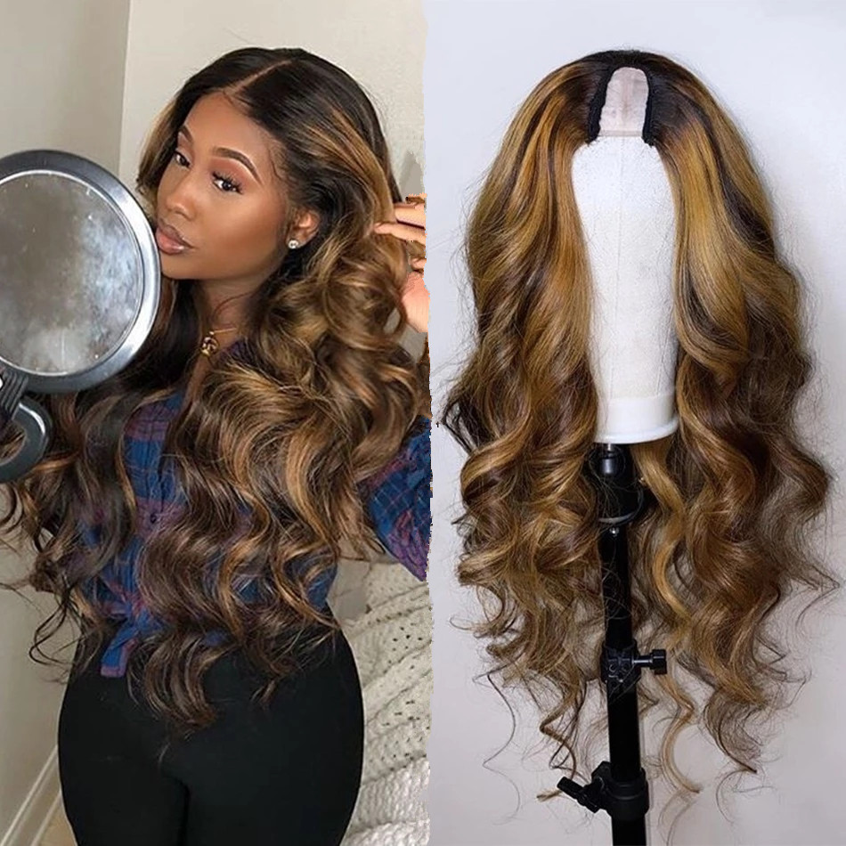 巴西亮点ombre人类头发u部分假发为黑人女性180密度remy头发假发中