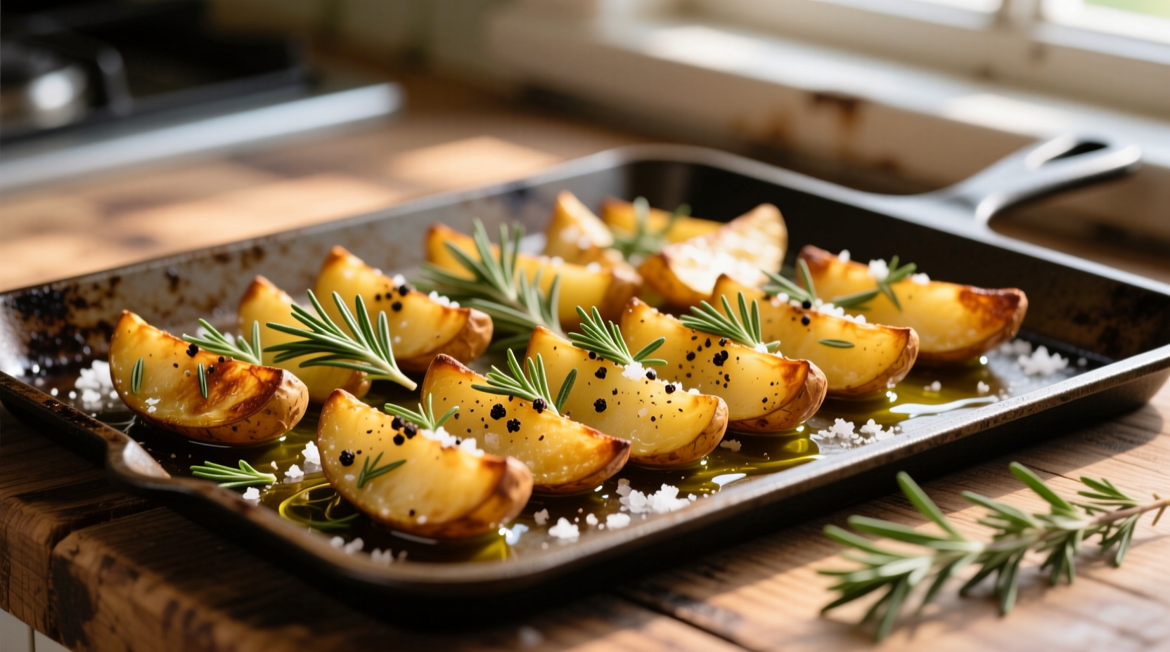Golden brown potato wedges on baking sheet with herbs