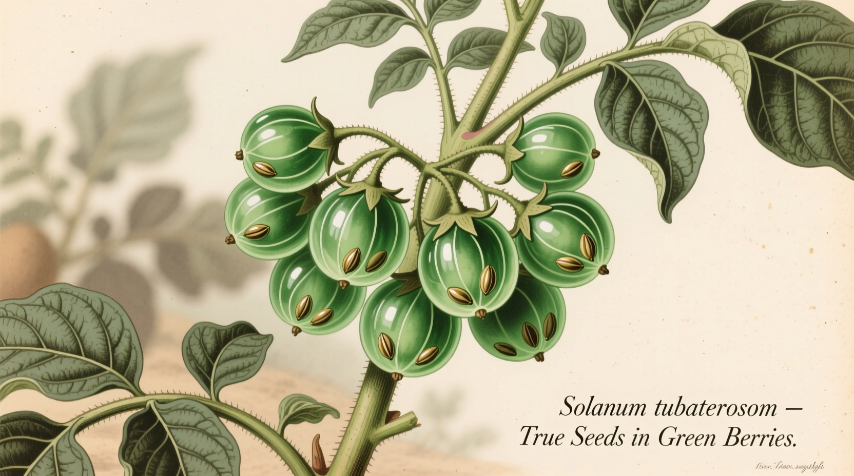 Green potato berries containing true seeds on plant