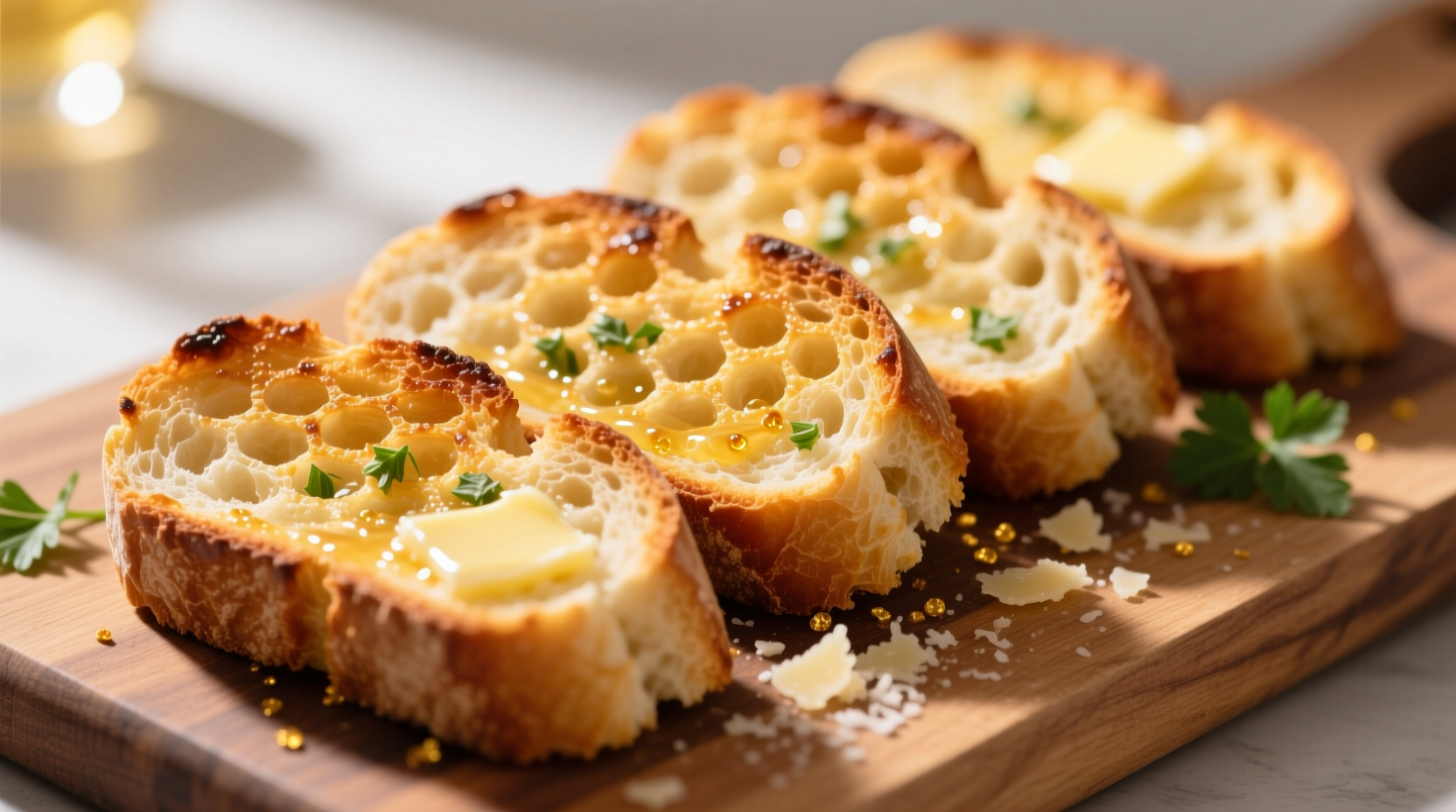 Perfectly golden air fried garlic bread slices