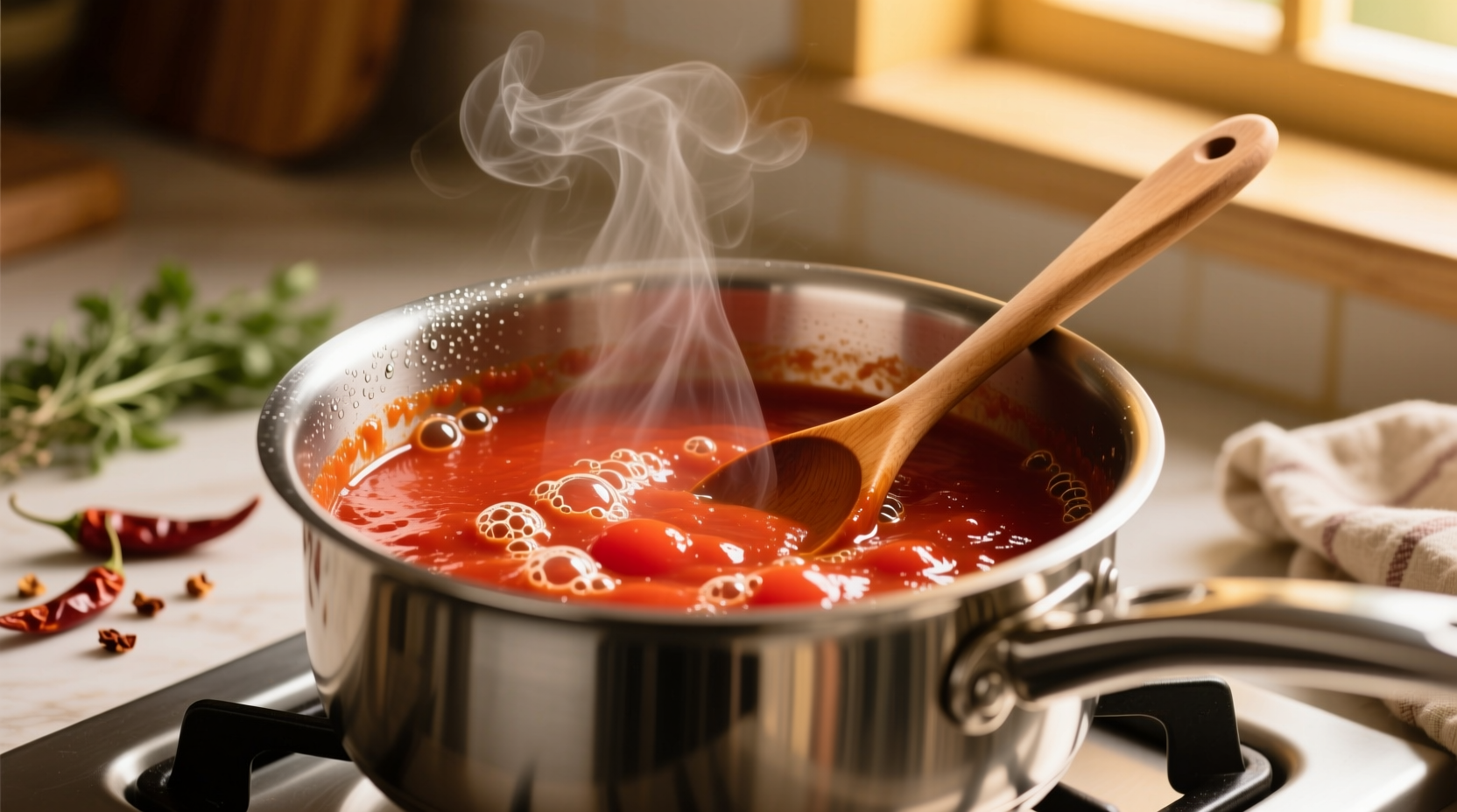 Fresh tomato sauce simmering in stainless steel pot