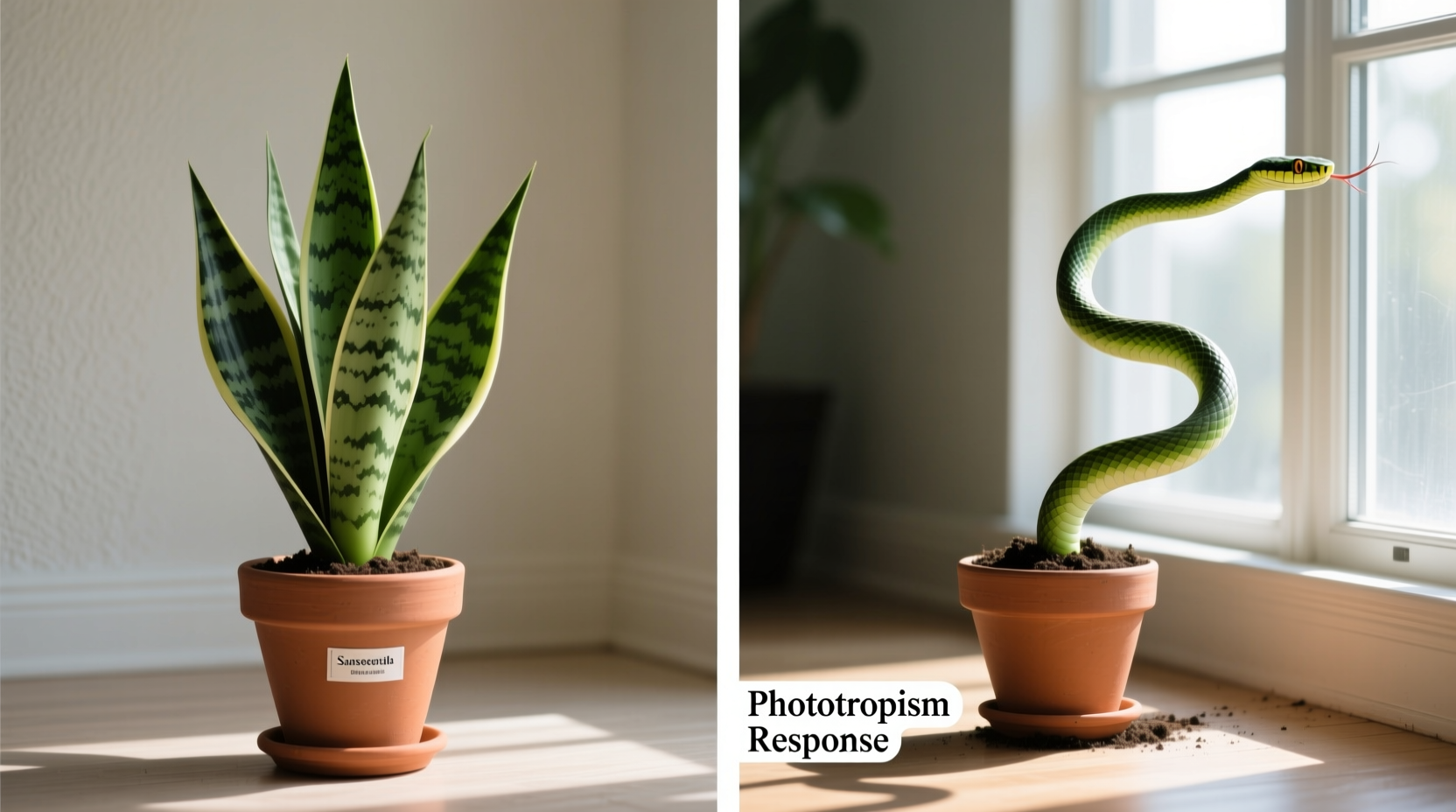 Side-by-side comparison: left shows a snake plant growing evenly under diffuse north light with marked pot; right shows same plant leaning sharply toward a single unshaded south window, illustrating phototropic pull