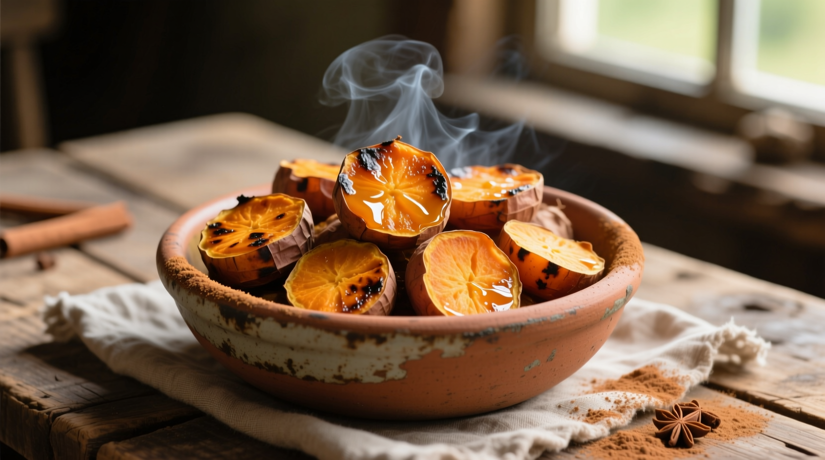 Golden roasted sweet potato poppables in a rustic bowl
