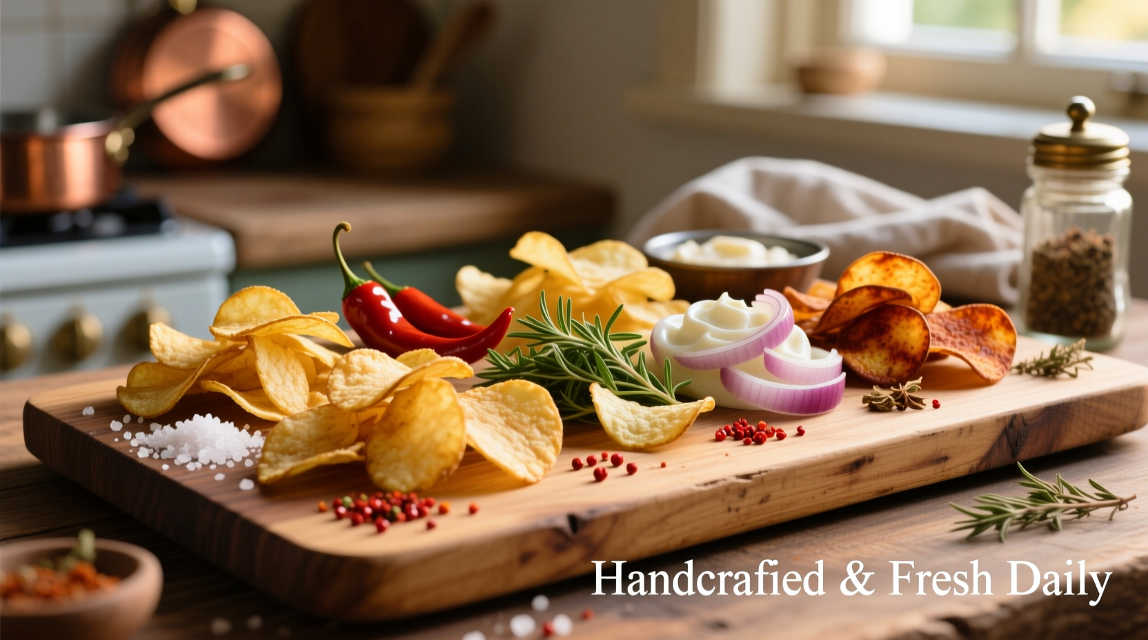 Homemade potato chips in various flavors on wooden board