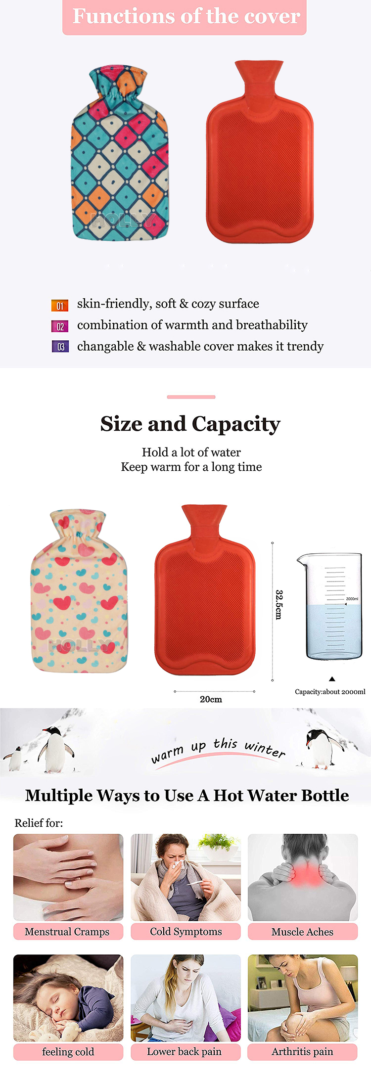 customized hand warmer plush medical rubber 2000ml hot water bag with cover