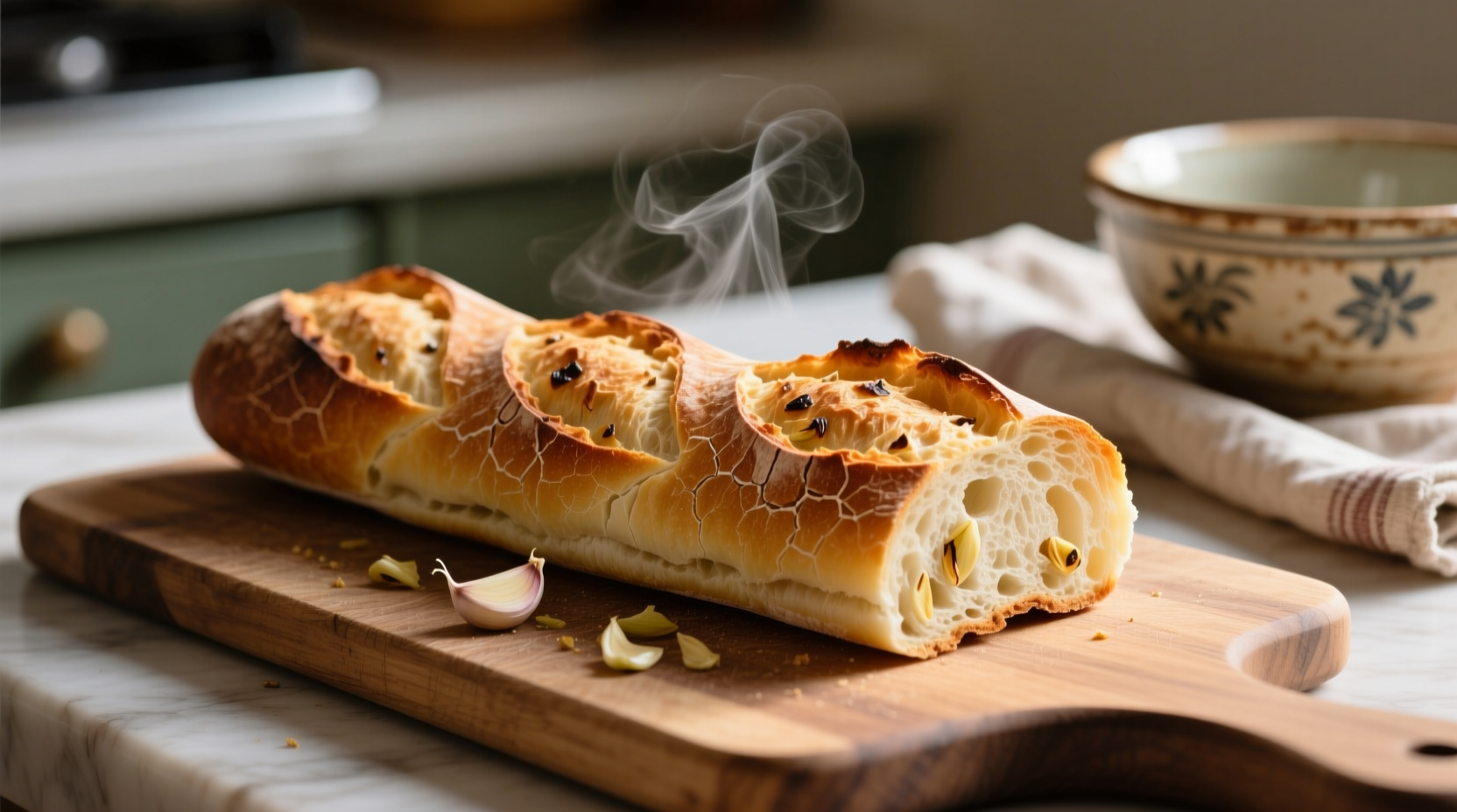 Freshly baked garlic baguette with golden crust