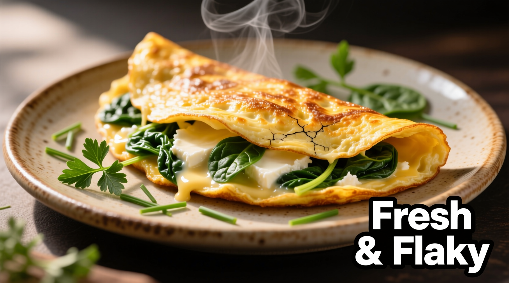 Perfectly cooked spinach feta omelette with golden exterior