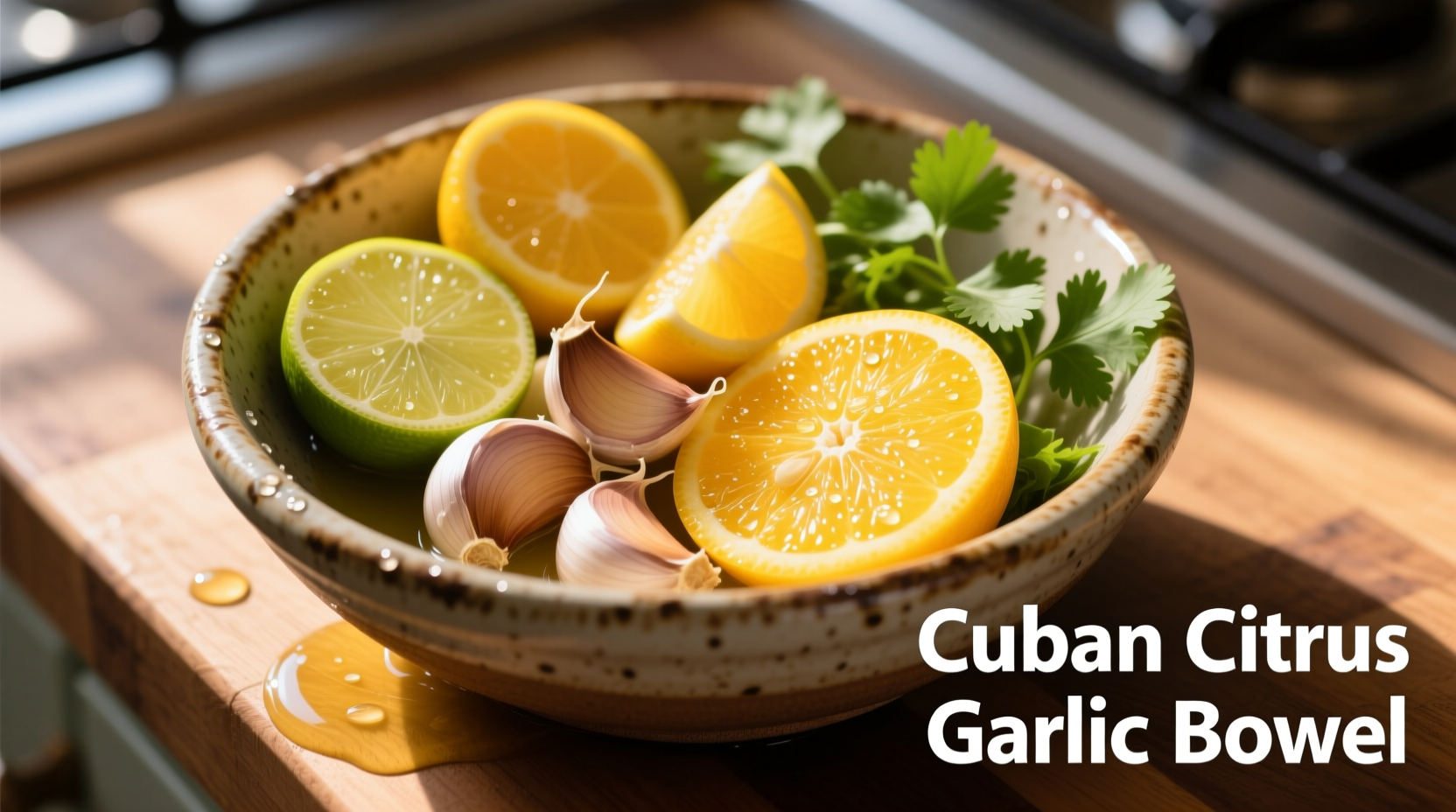 Authentic Cuban citrus garlic bowl with fresh ingredients