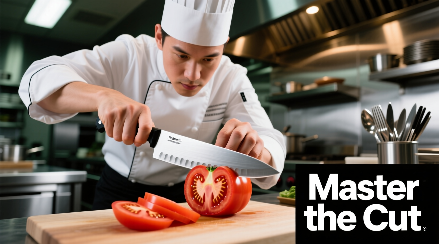 Professional chef demonstrating proper tomato cutting technique