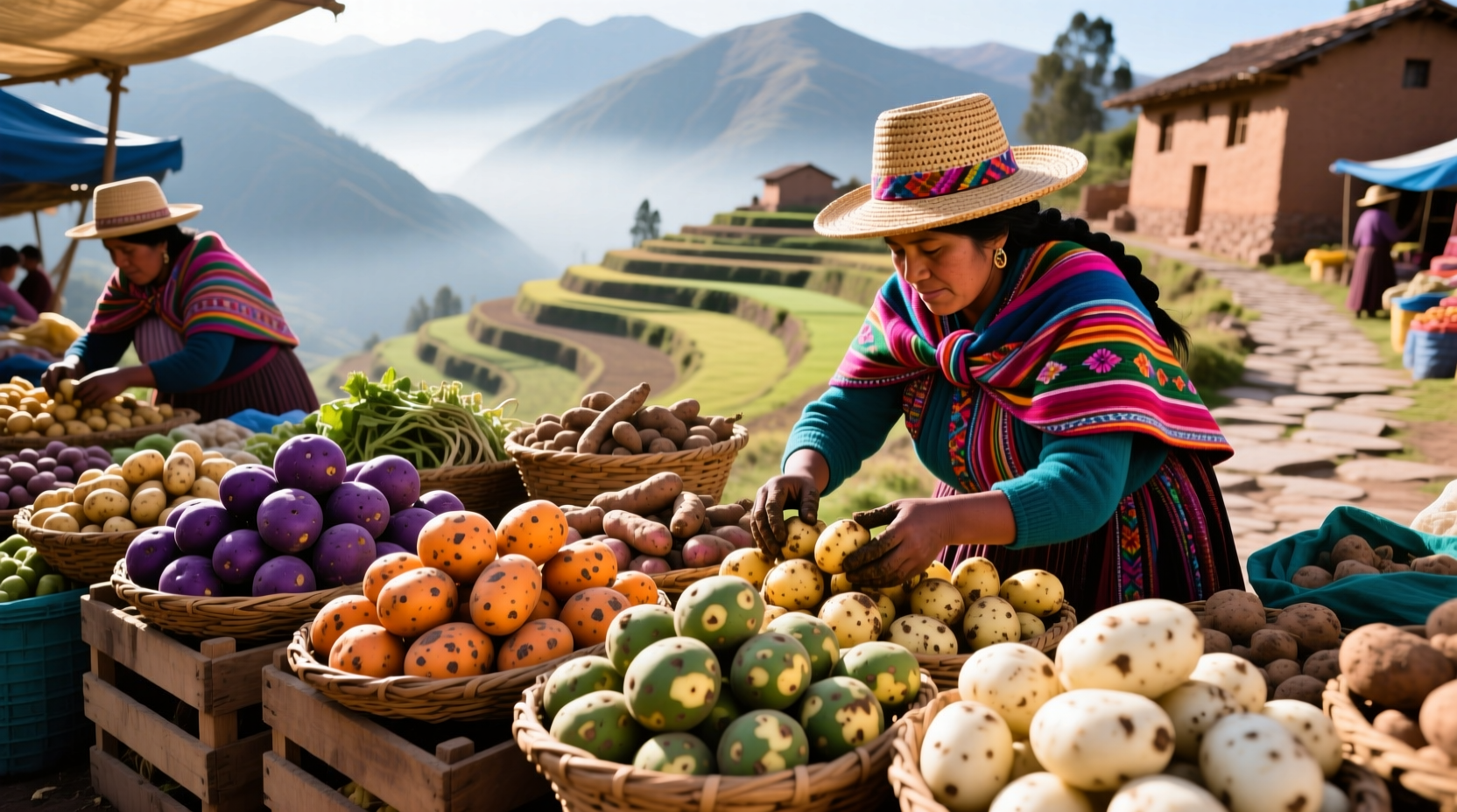 Traditional Andean potato varieties displayed at market