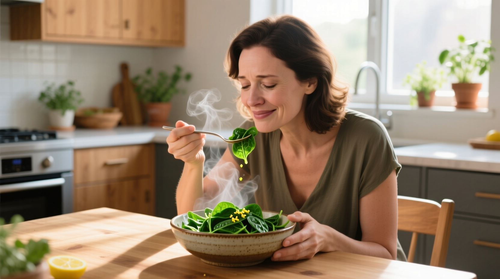 Woman enjoying cooked spinach without digestive discomfort