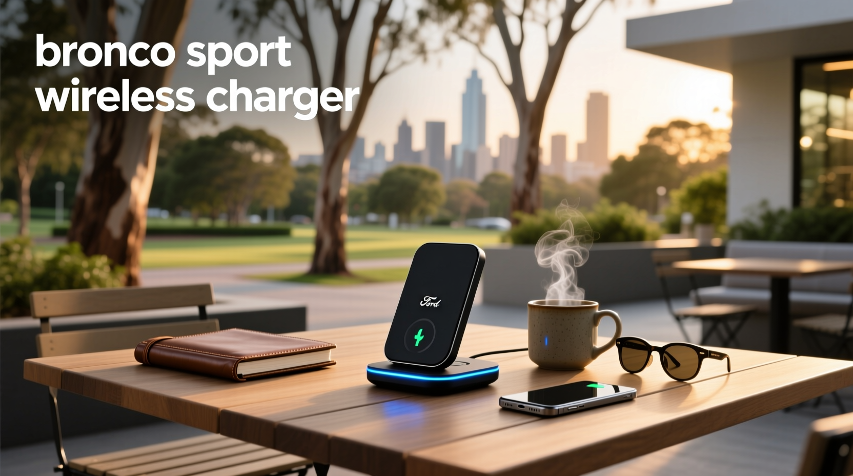 Close-up view of Bronco Sport wireless charging tray with smartphone placed inside