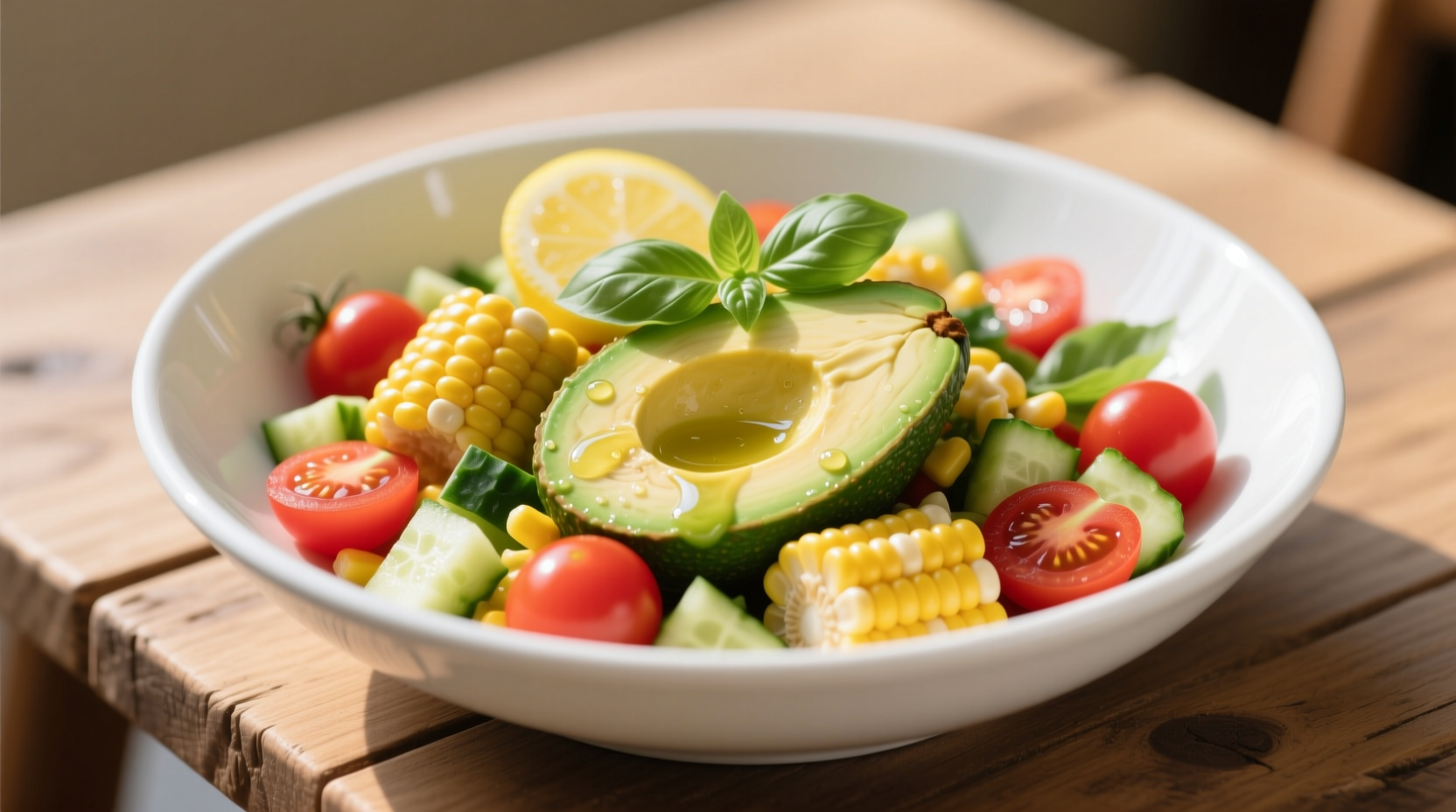 Colorful avocado corn tomato salad in white bowl