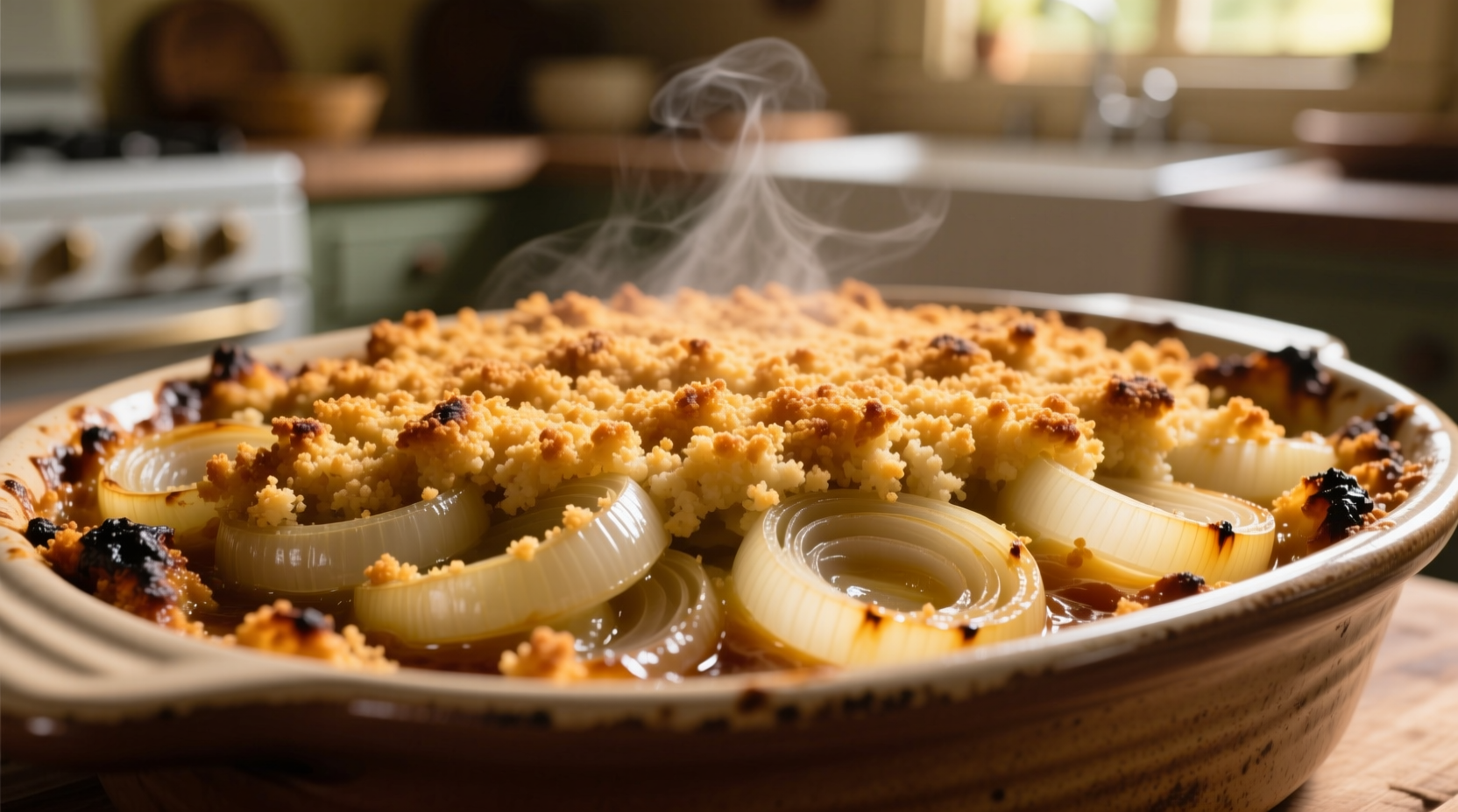 Golden onion casserole with crispy breadcrumb topping