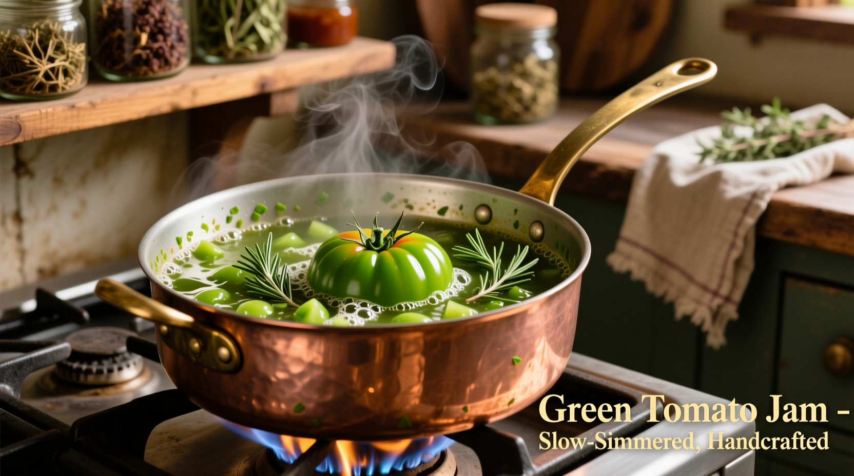 Green tomato jam simmering in copper preserving pan