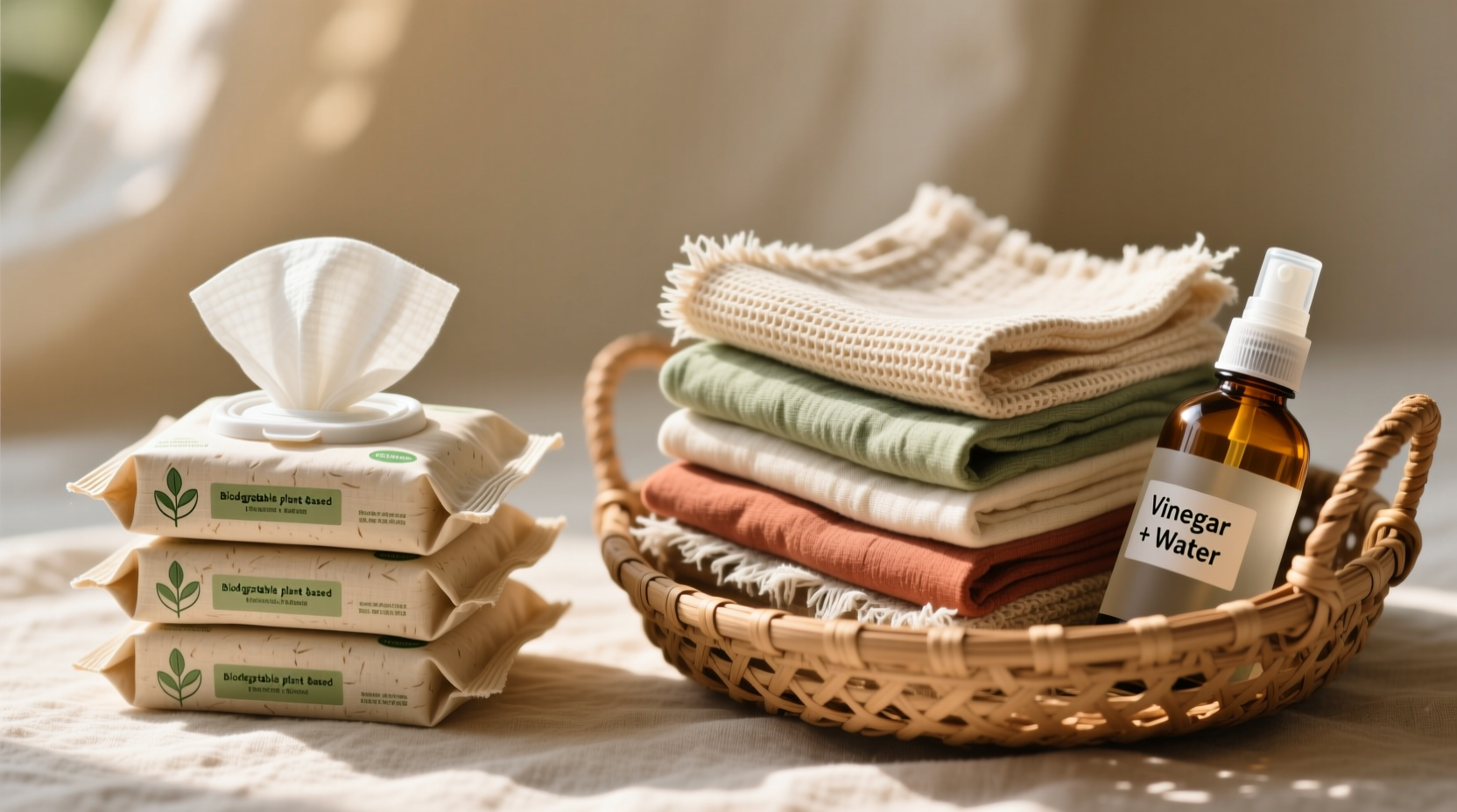 Side-by-side comparison: a stack of biodegradable wipes next to six folded, textured cotton cloths in a woven basket, with a small glass spray bottle labeled 'Vinegar + Water' beside them