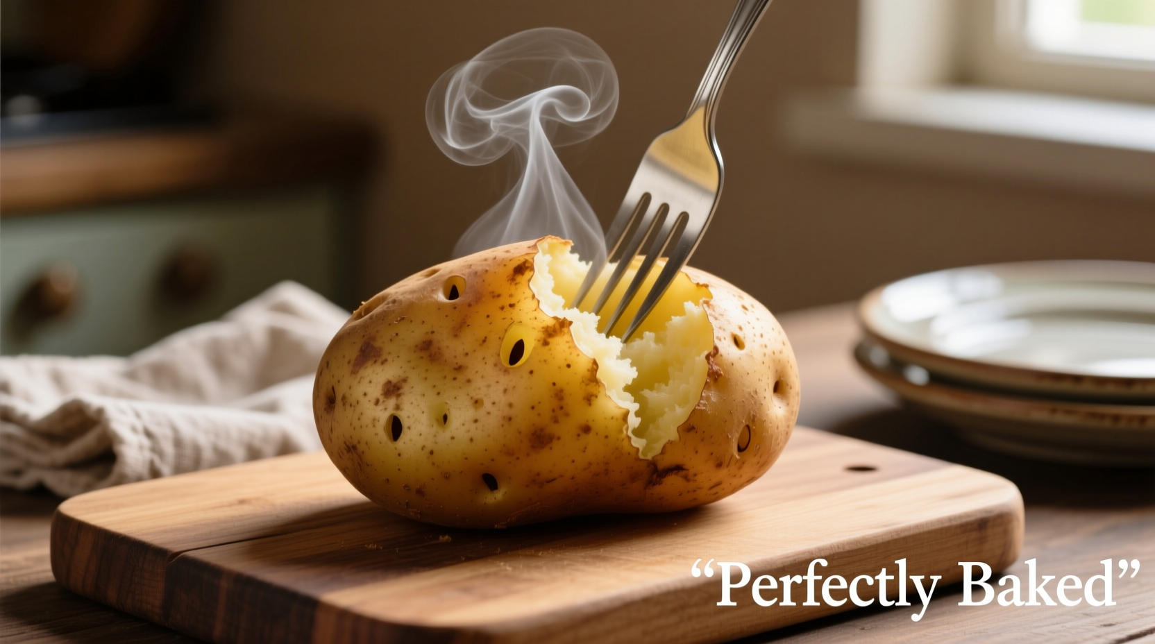 Perfectly baked potato with steam rising and fork test