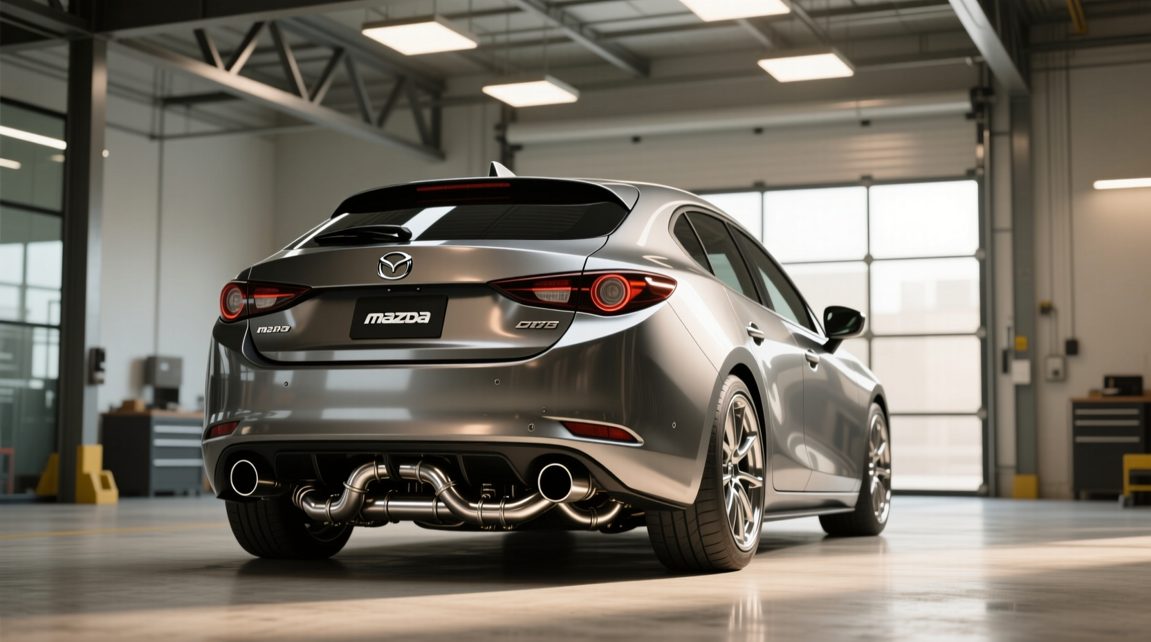 Close-up view of Mazda 3 exhaust muffler showing rust damage and connection points