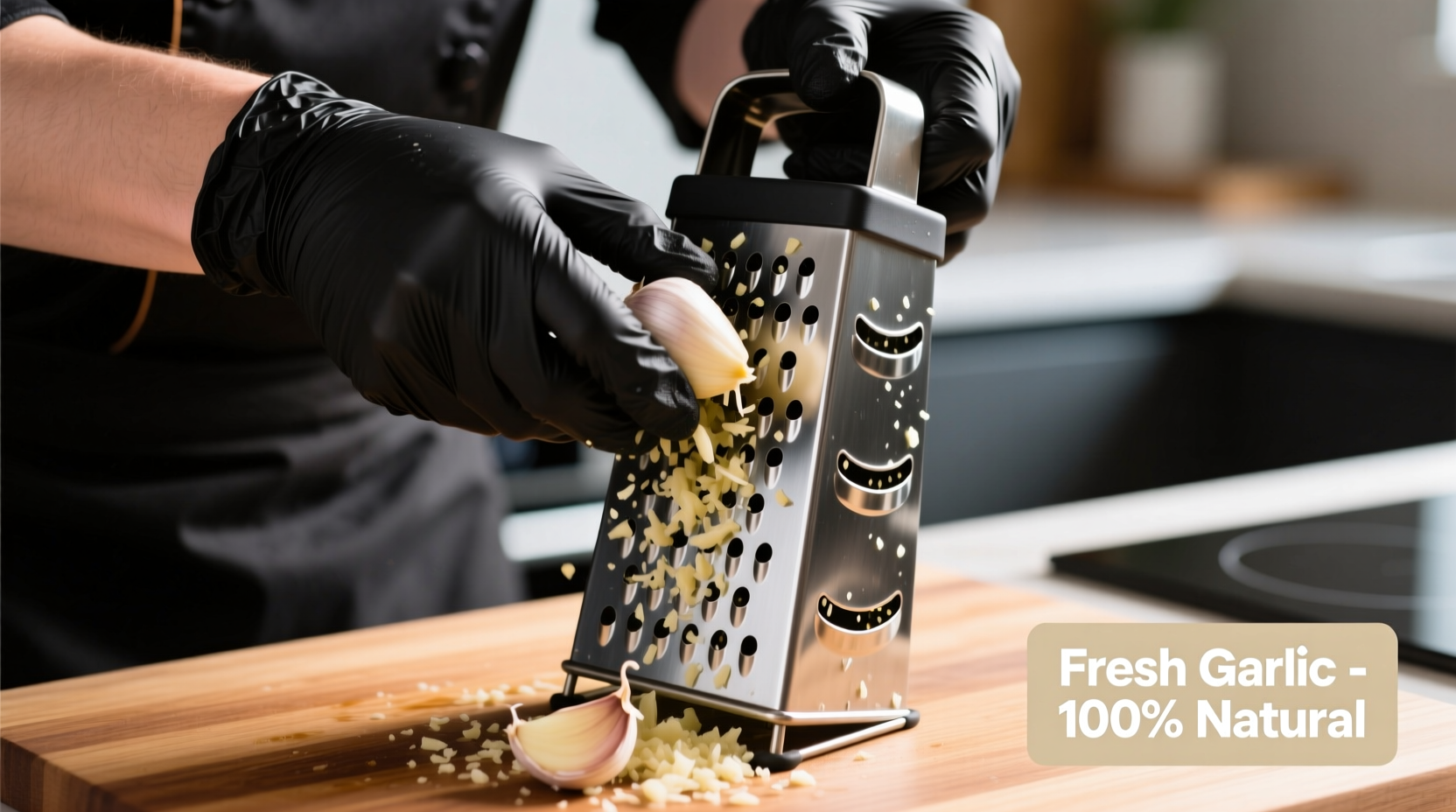 Chef grating fresh garlic cloves on microplane