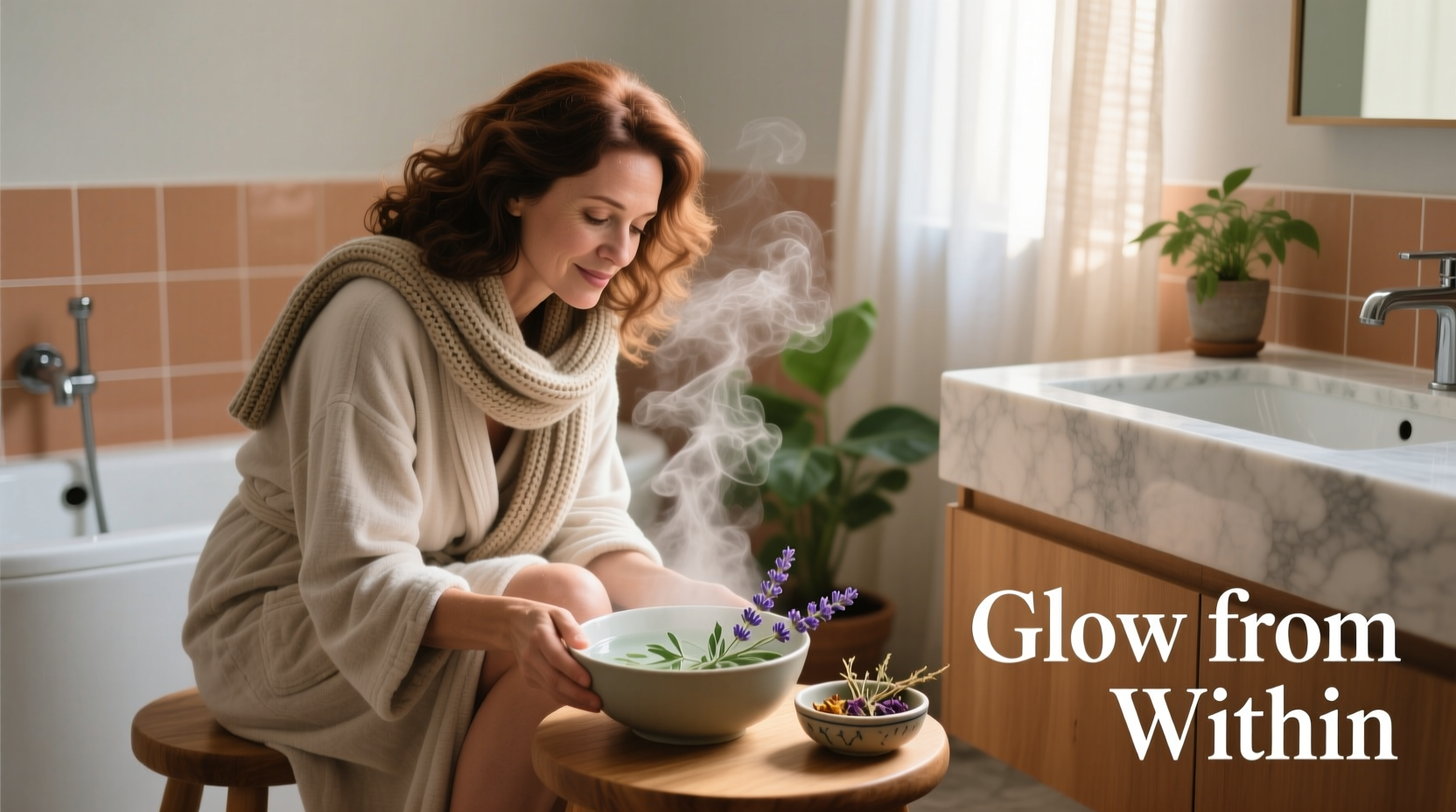 Woman performing facial steam treatment at home